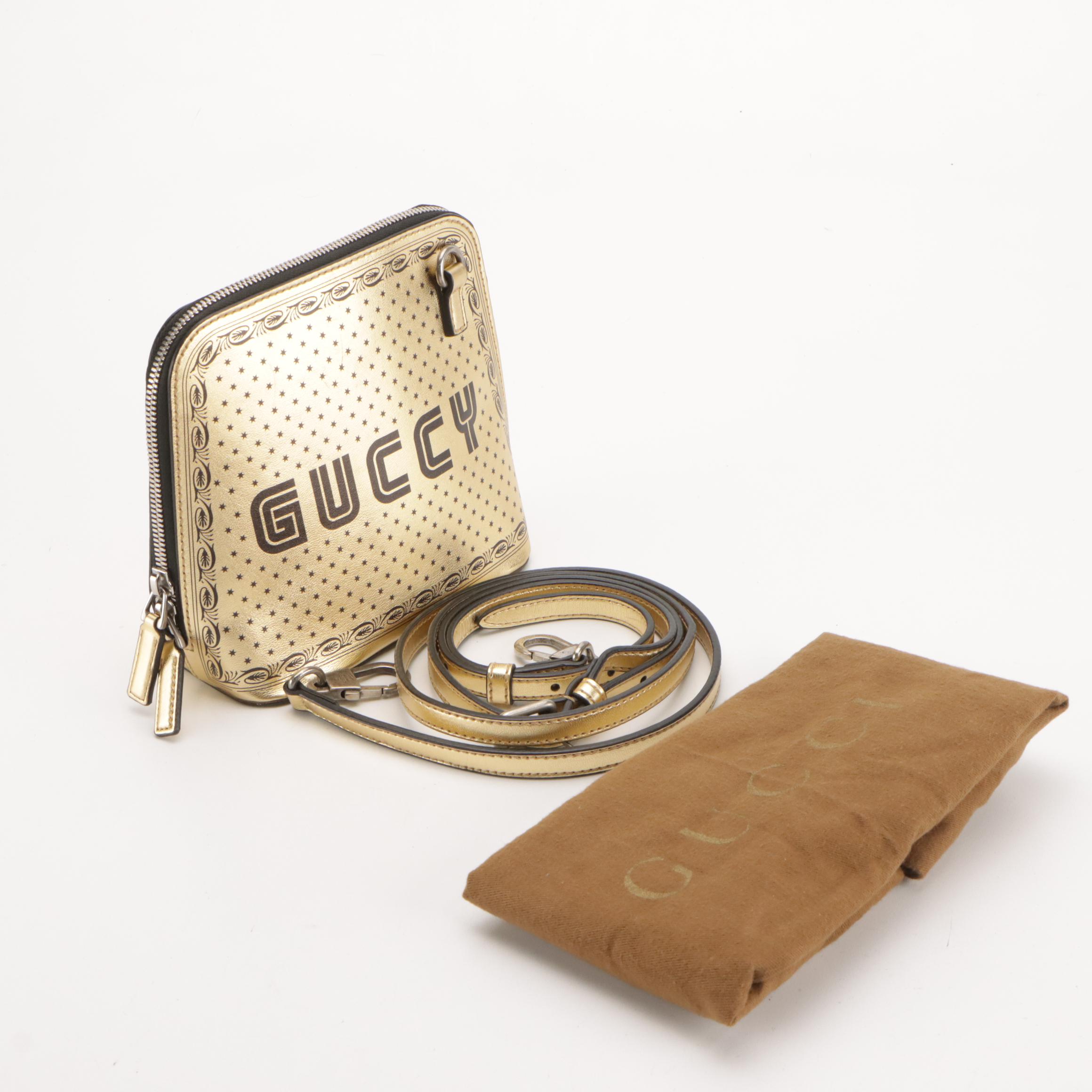 Gucci Sega Moon & Stars "GUCCY" Mini Crossbody Bag in Metallic Gold Leather