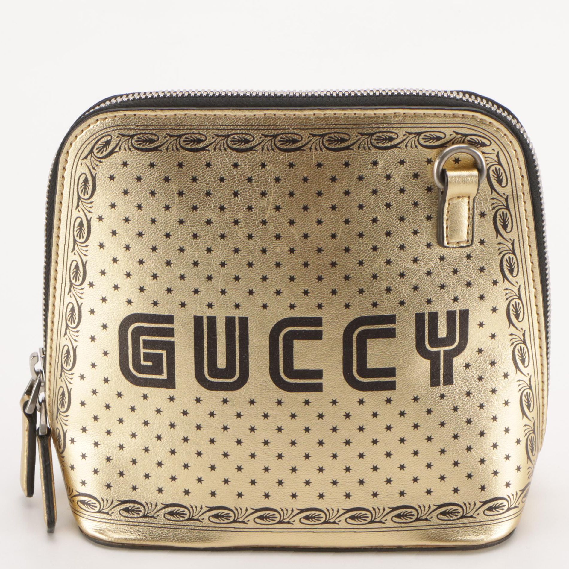 Gucci Sega Moon & Stars "GUCCY" Mini Crossbody Bag in Metallic Gold Leather