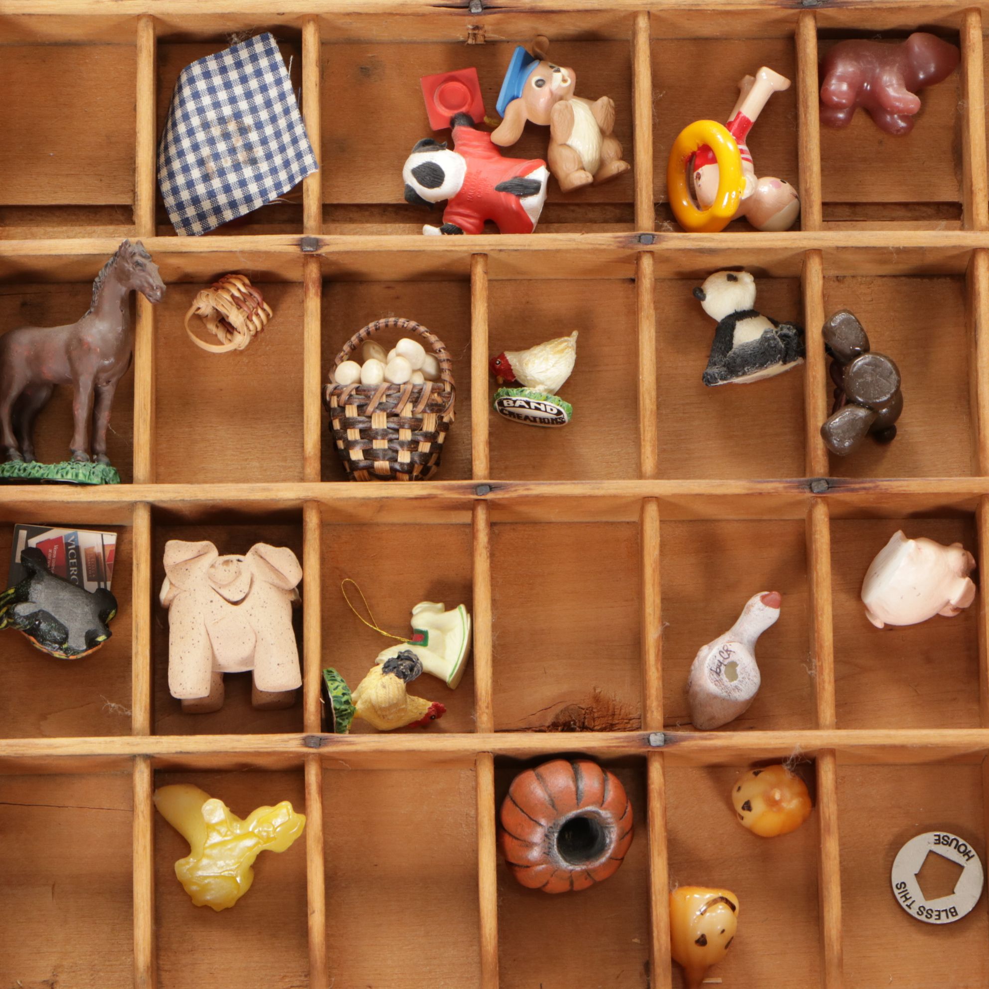 Wooden Printer's Letterpress Typeset Tray of Farm Miniatures & More Memorabilia
