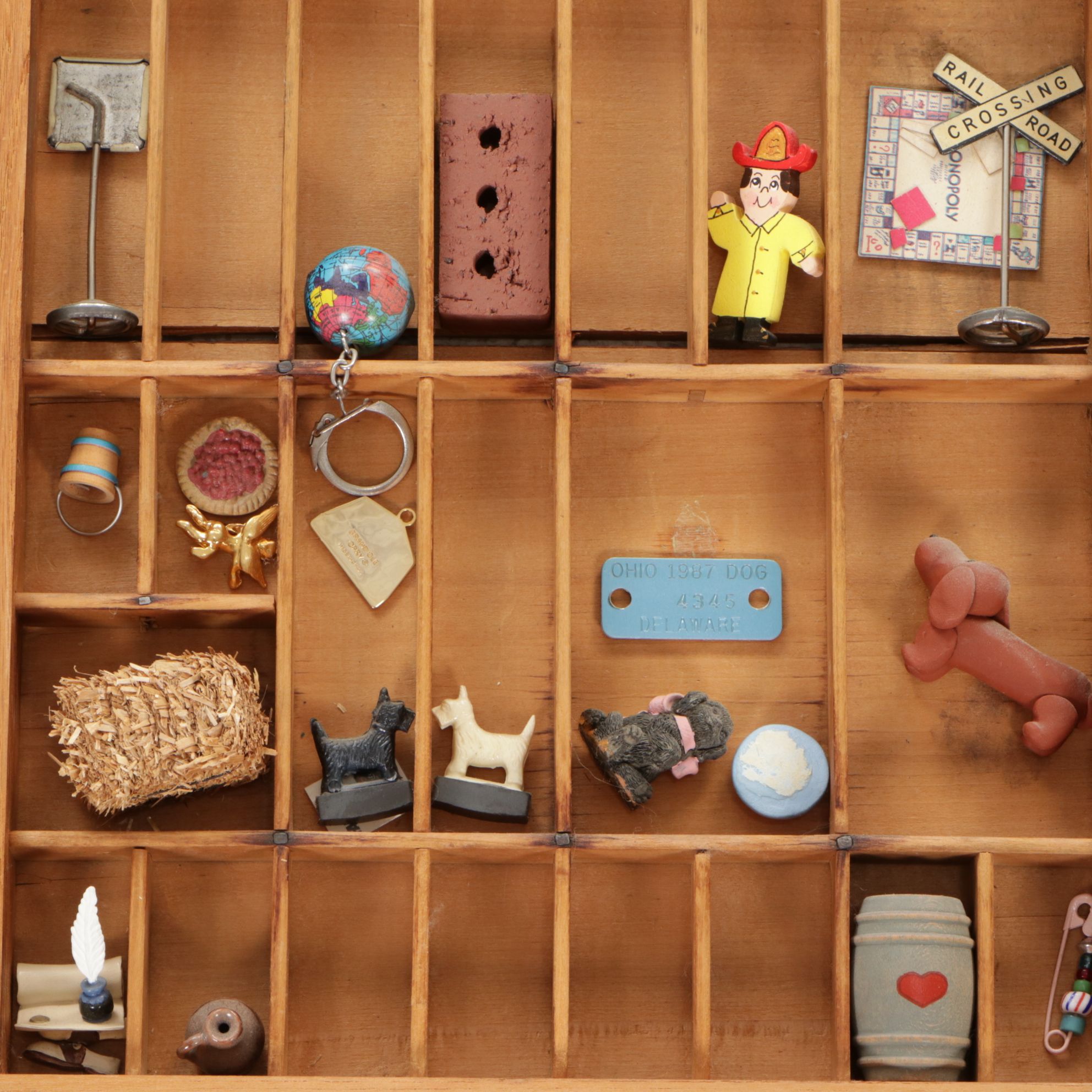 Wooden Printer's Letterpress Typeset Tray of Farm Miniatures & More Memorabilia