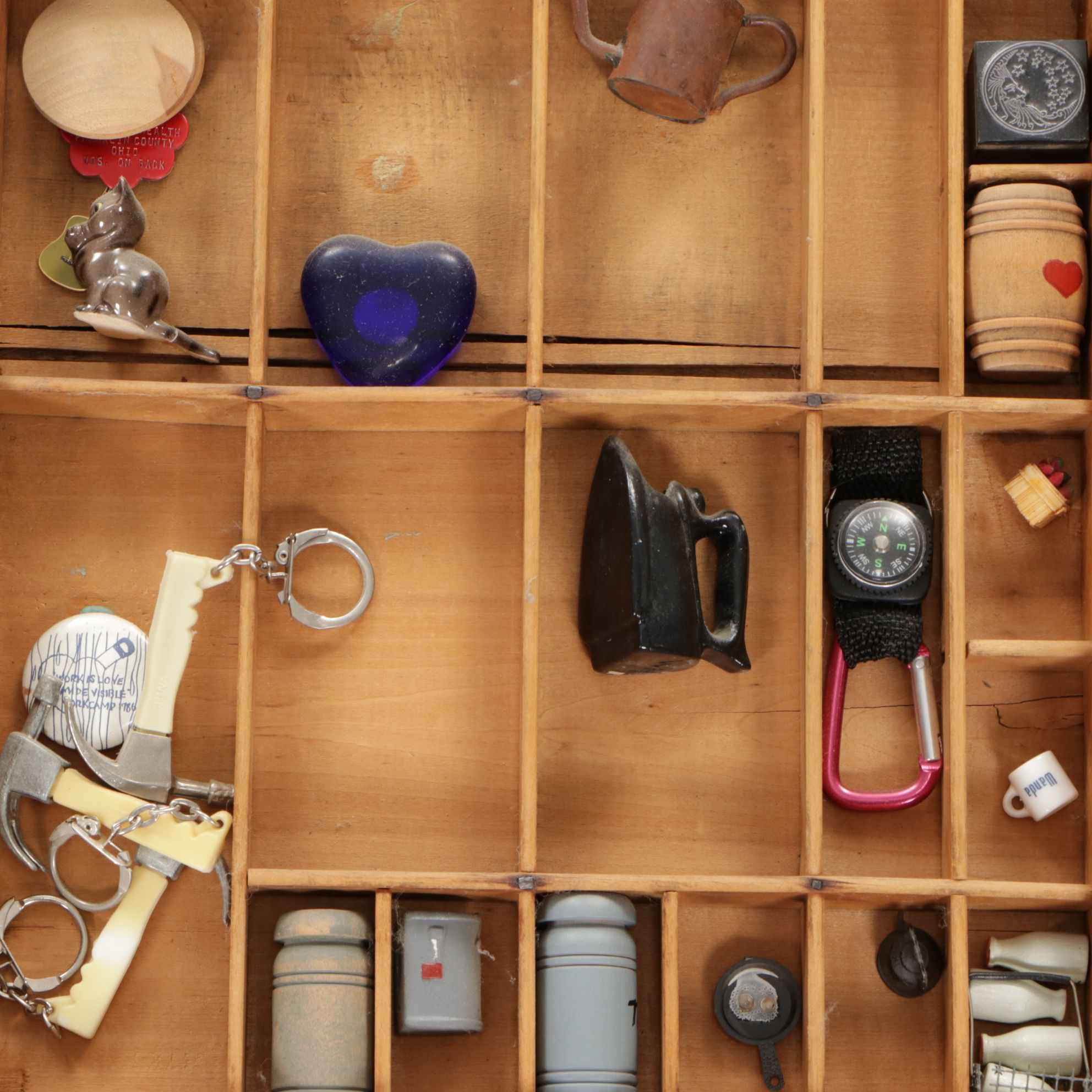 Wooden Printer's Letterpress Typeset Tray of Farm Miniatures & More Memorabilia