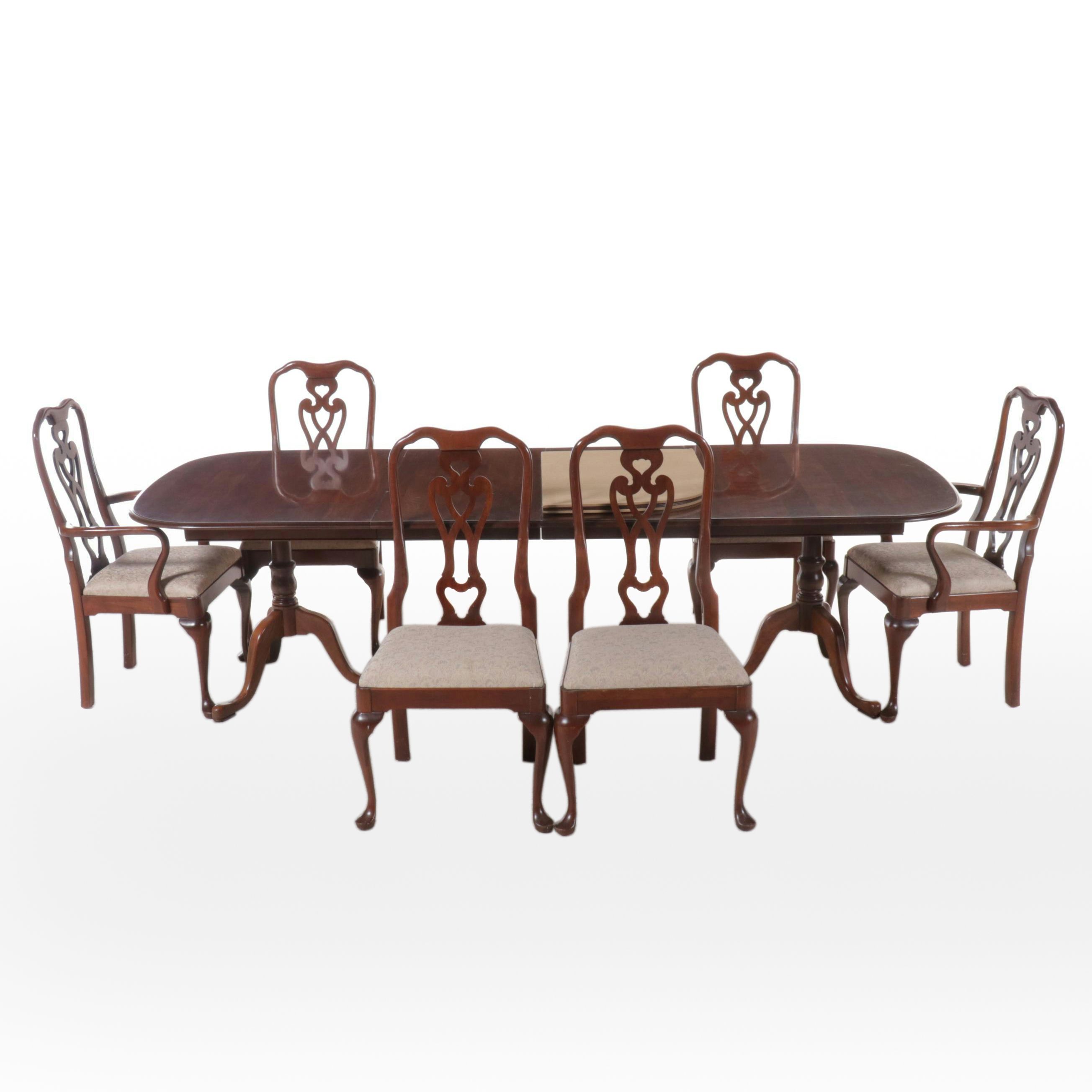 Queen Anne Style Mahogany Two-Pedestal Dining Table with Six Chairs
