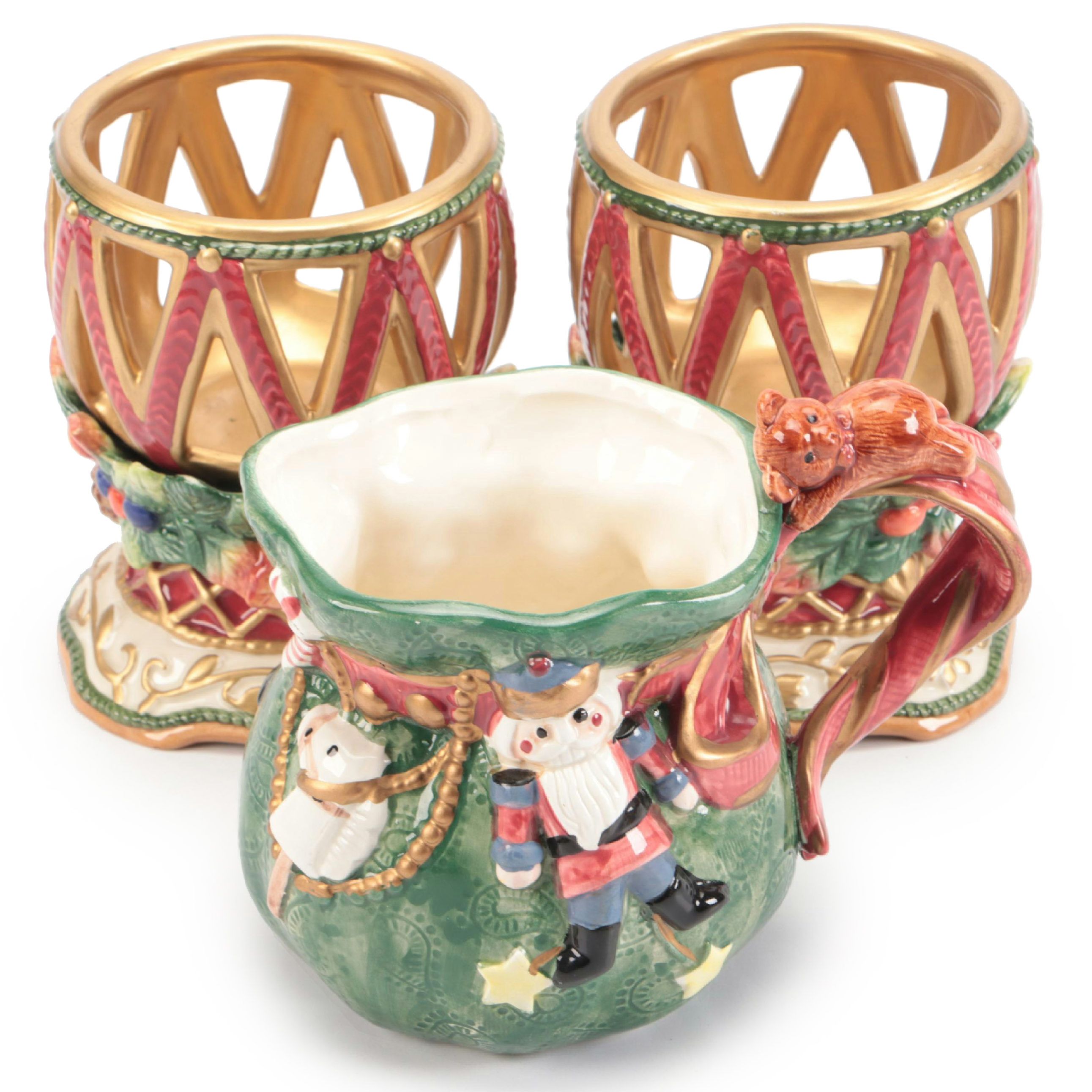 Fitz & Floyd "Jolly Ole St. Nick" Votive Holders and "Santa's List" Creamer