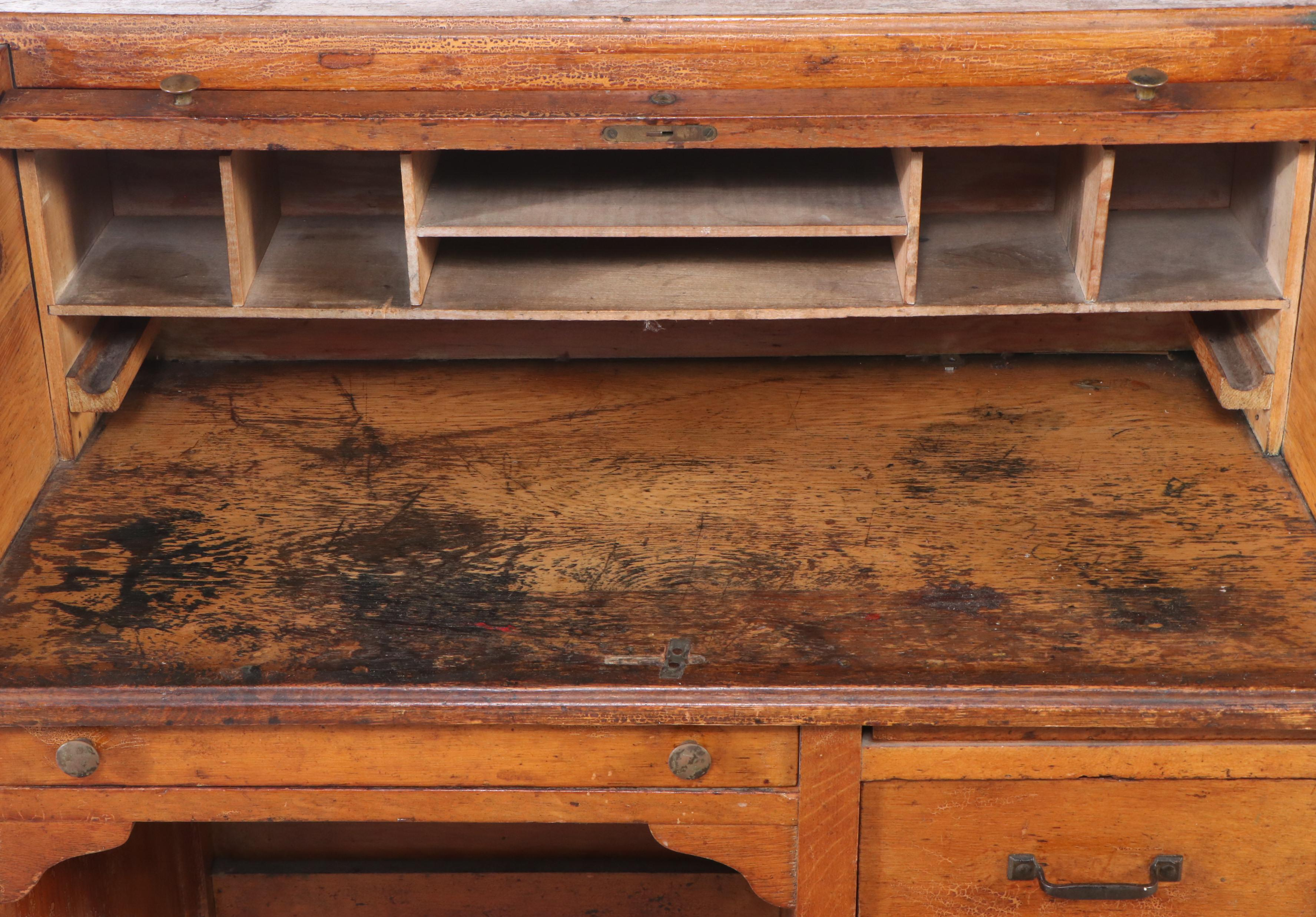 Vintage Oak Roll-Top Desk with Painted Children's Chair