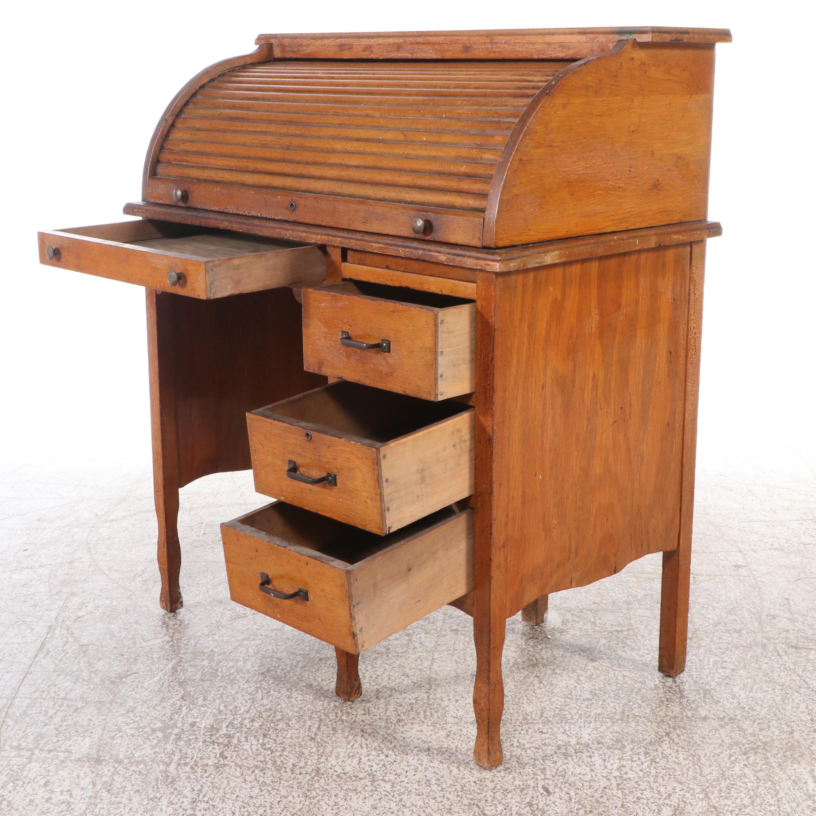 Vintage Oak Roll-Top Desk with Painted Children's Chair