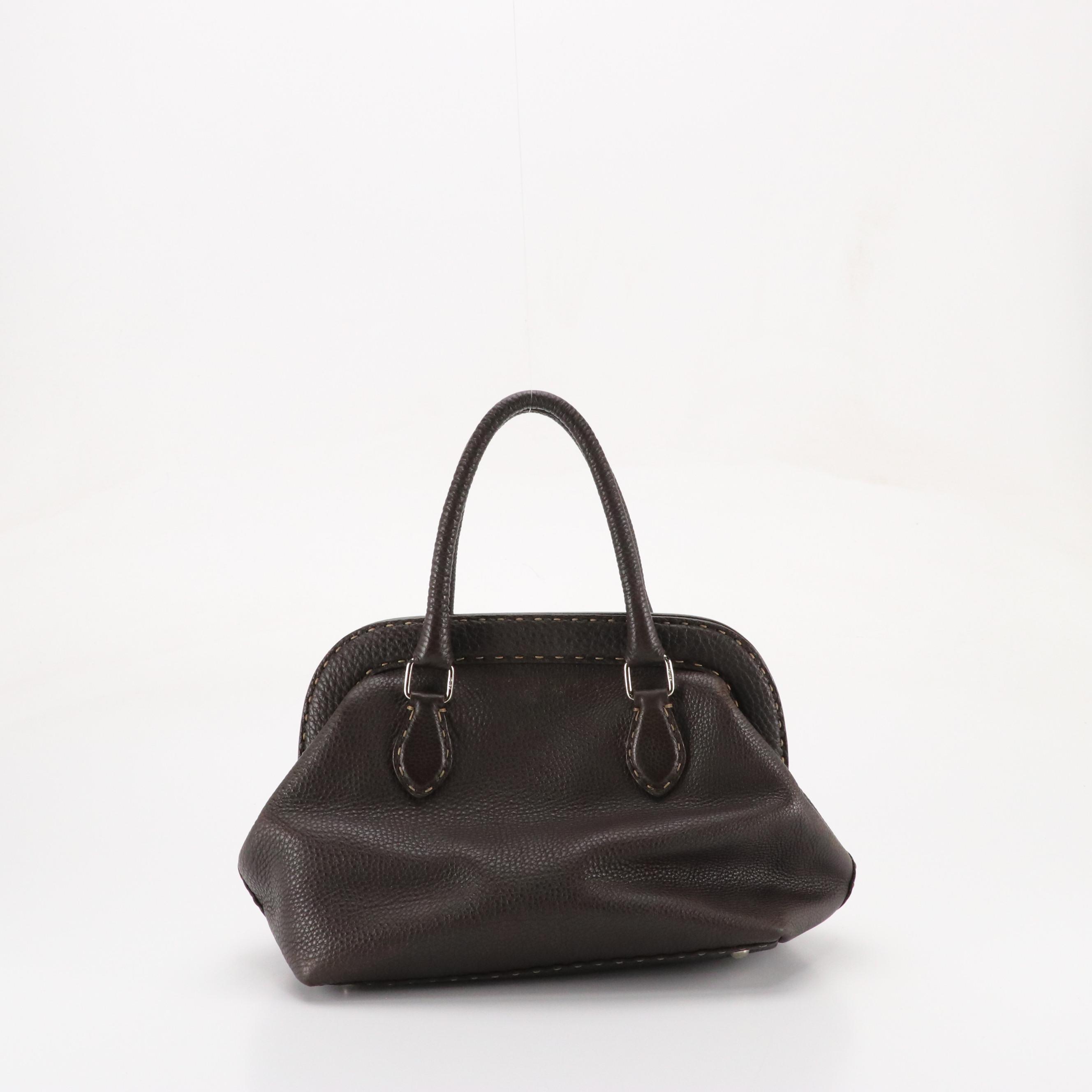 Fendi Selleria Brown Calfskin Grain Leather Handbag with Running Stitch Detail