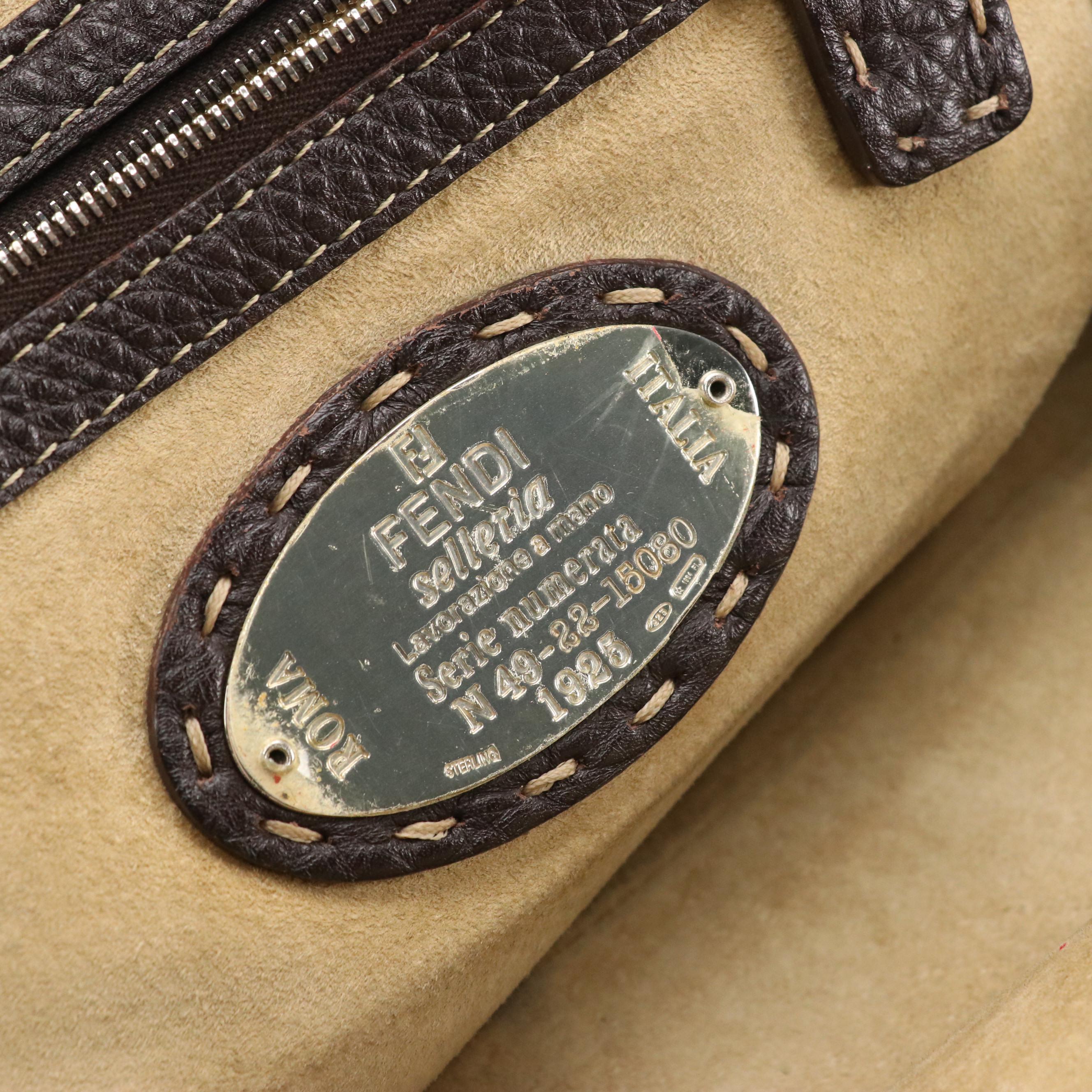 Fendi Selleria Brown Calfskin Grain Leather Handbag with Running Stitch Detail