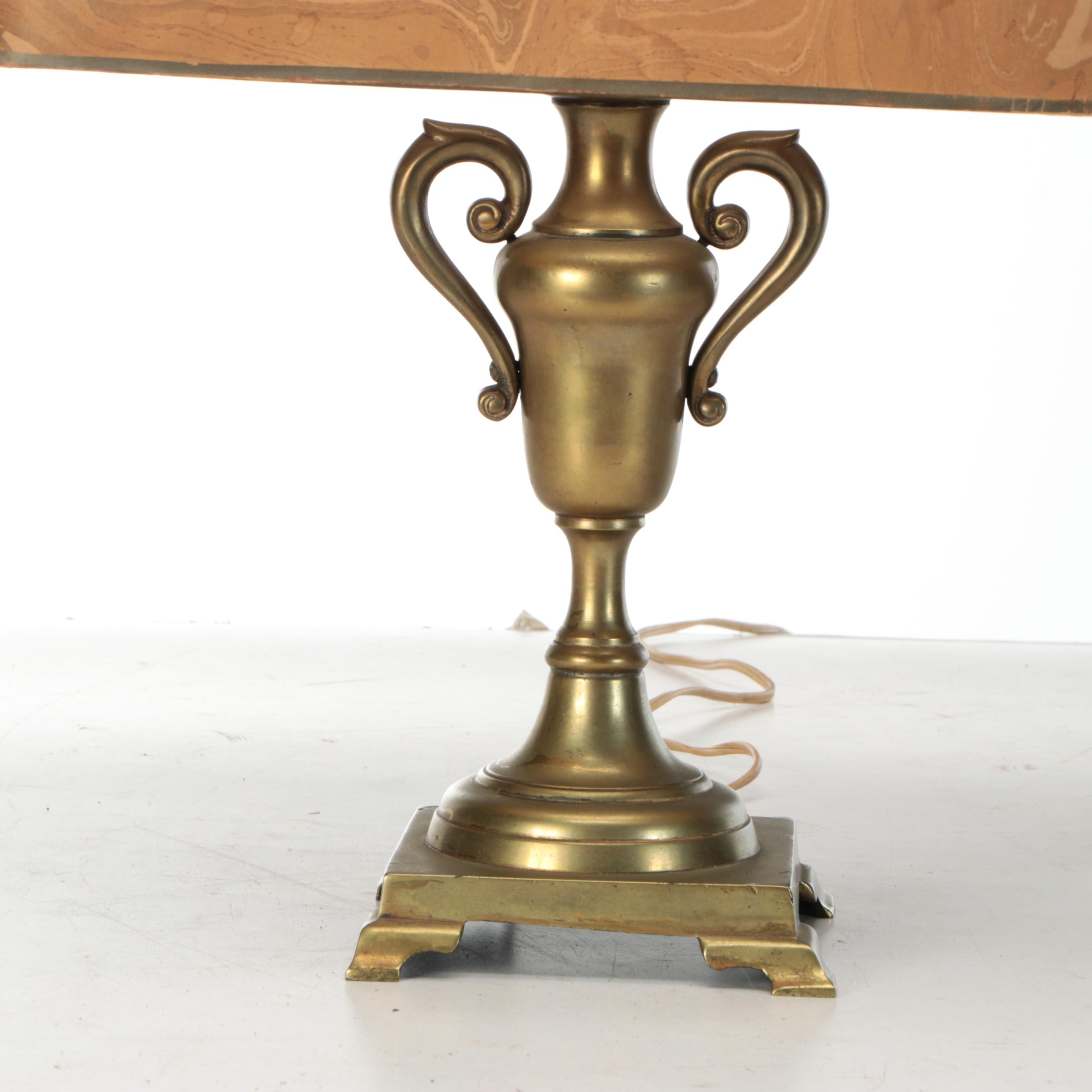 Brass Trophy Urn and Candlestick Table Lamps with Marbled, Metallic Paper Shades