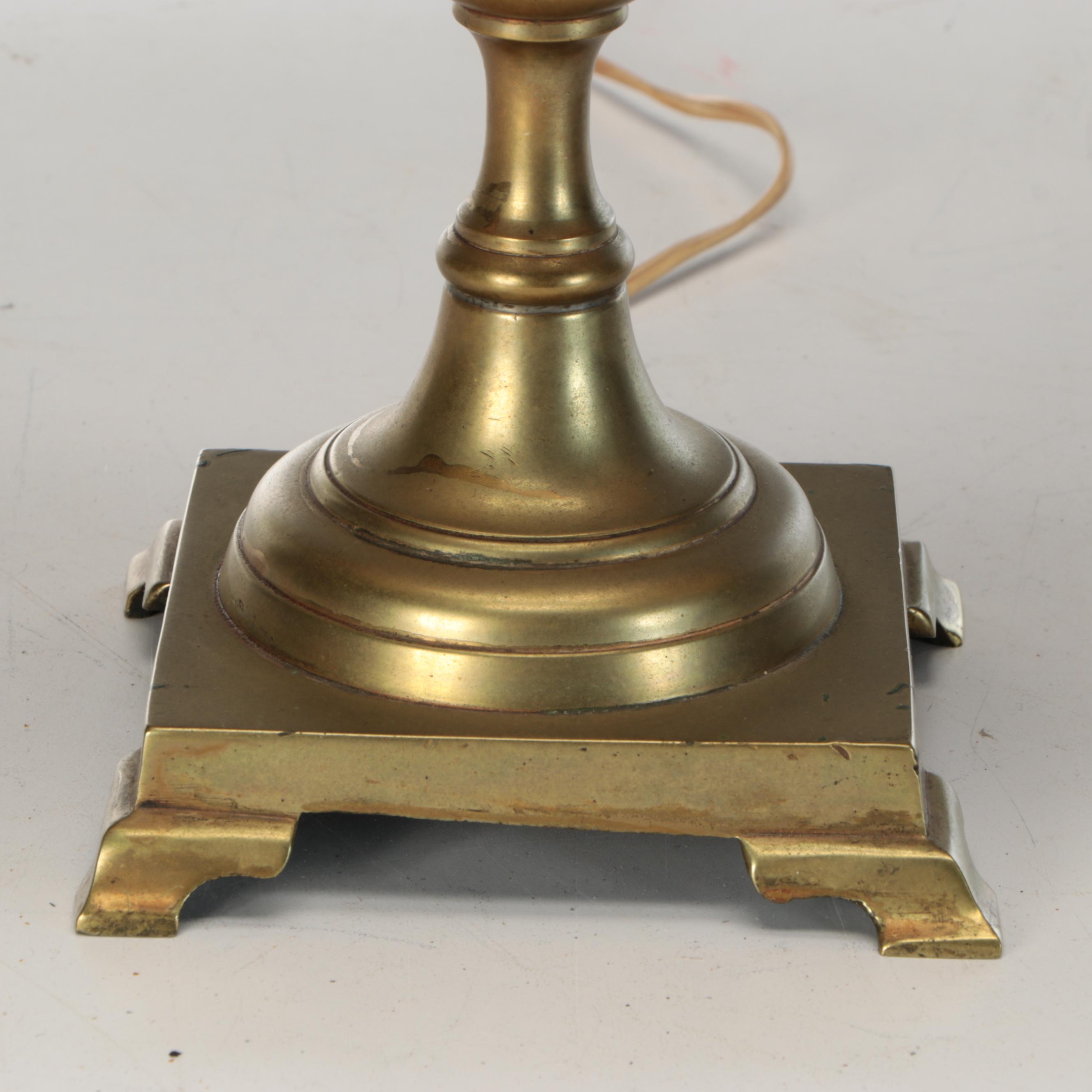 Brass Trophy Urn and Candlestick Table Lamps with Marbled, Metallic Paper Shades