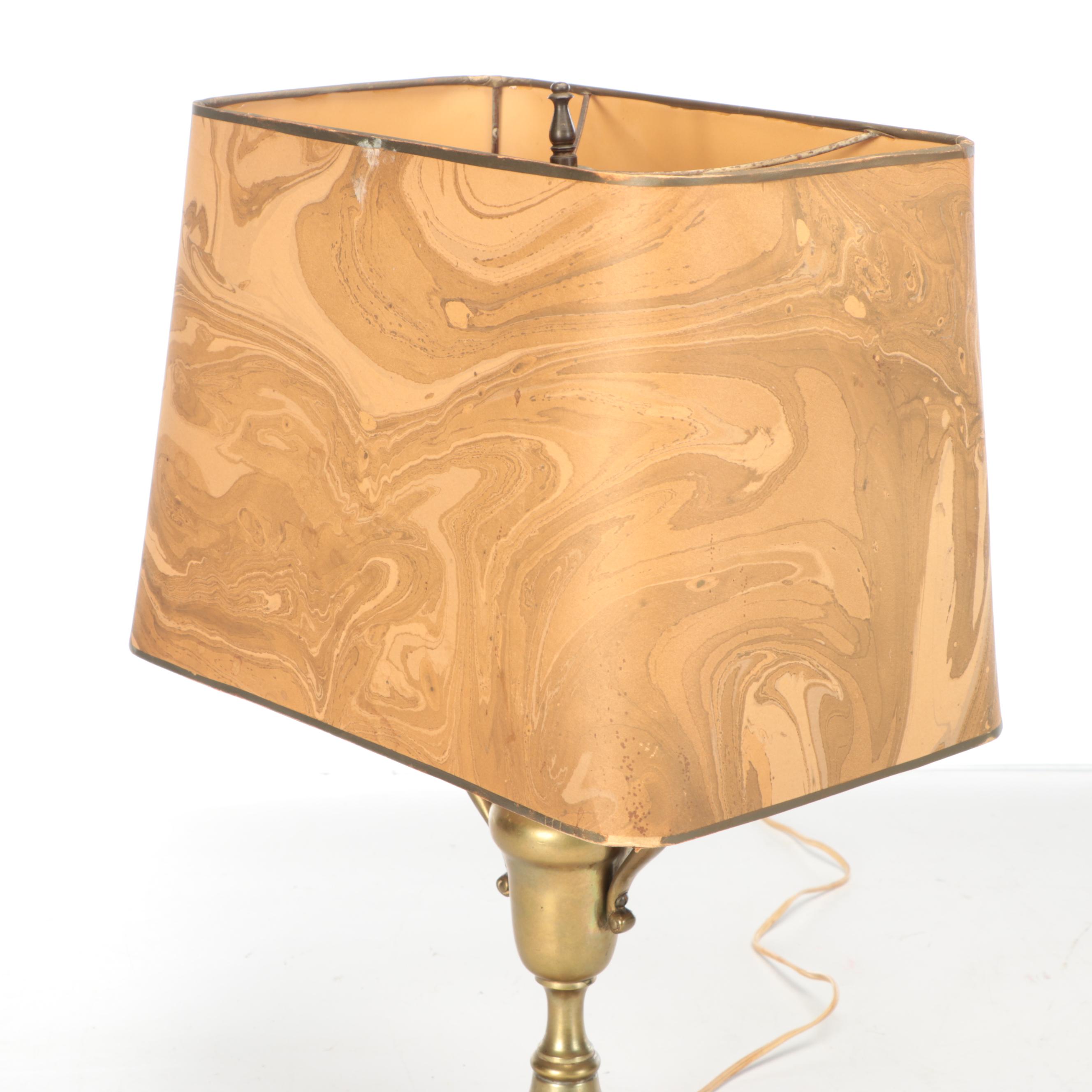 Brass Trophy Urn and Candlestick Table Lamps with Marbled, Metallic Paper Shades