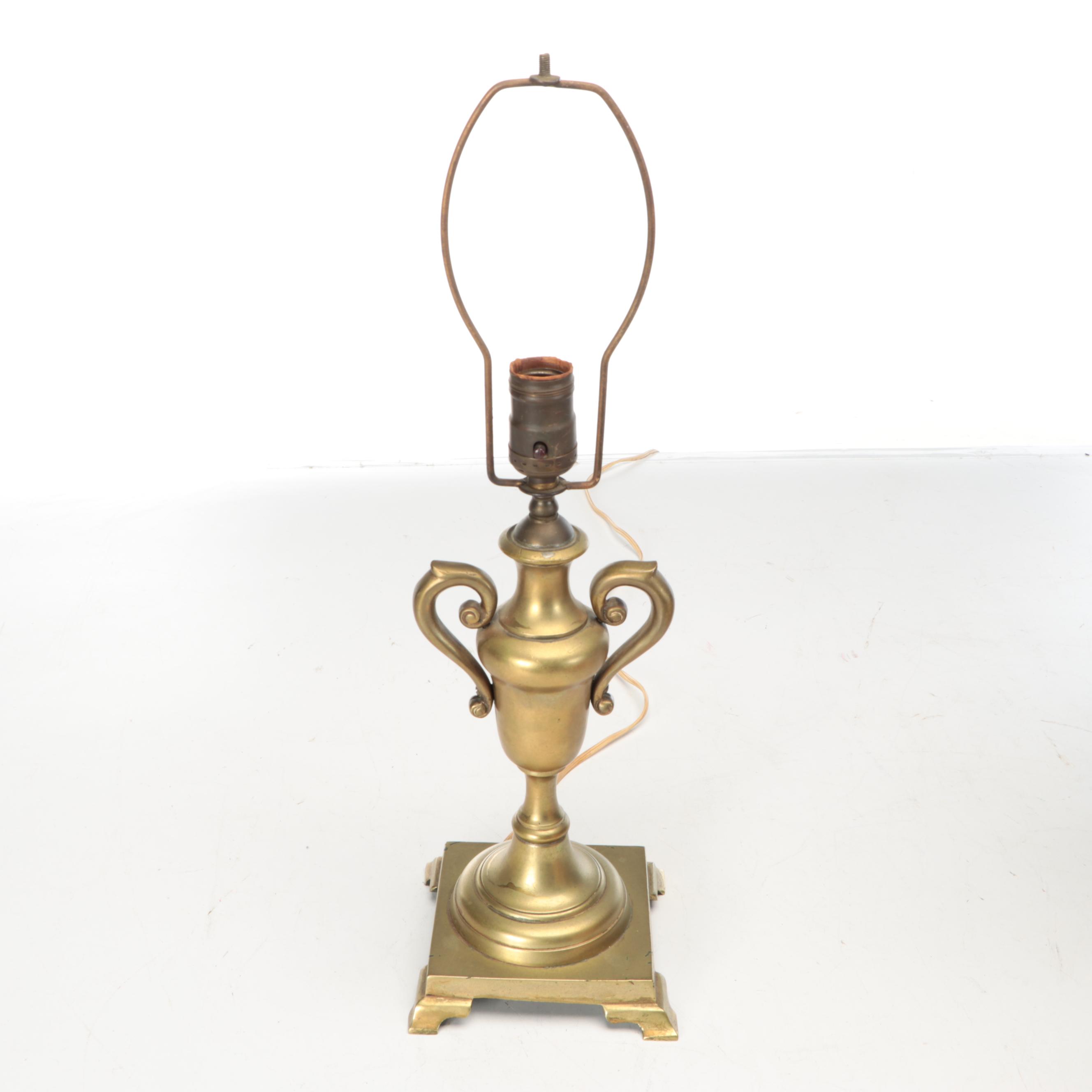 Brass Trophy Urn and Candlestick Table Lamps with Marbled, Metallic Paper Shades