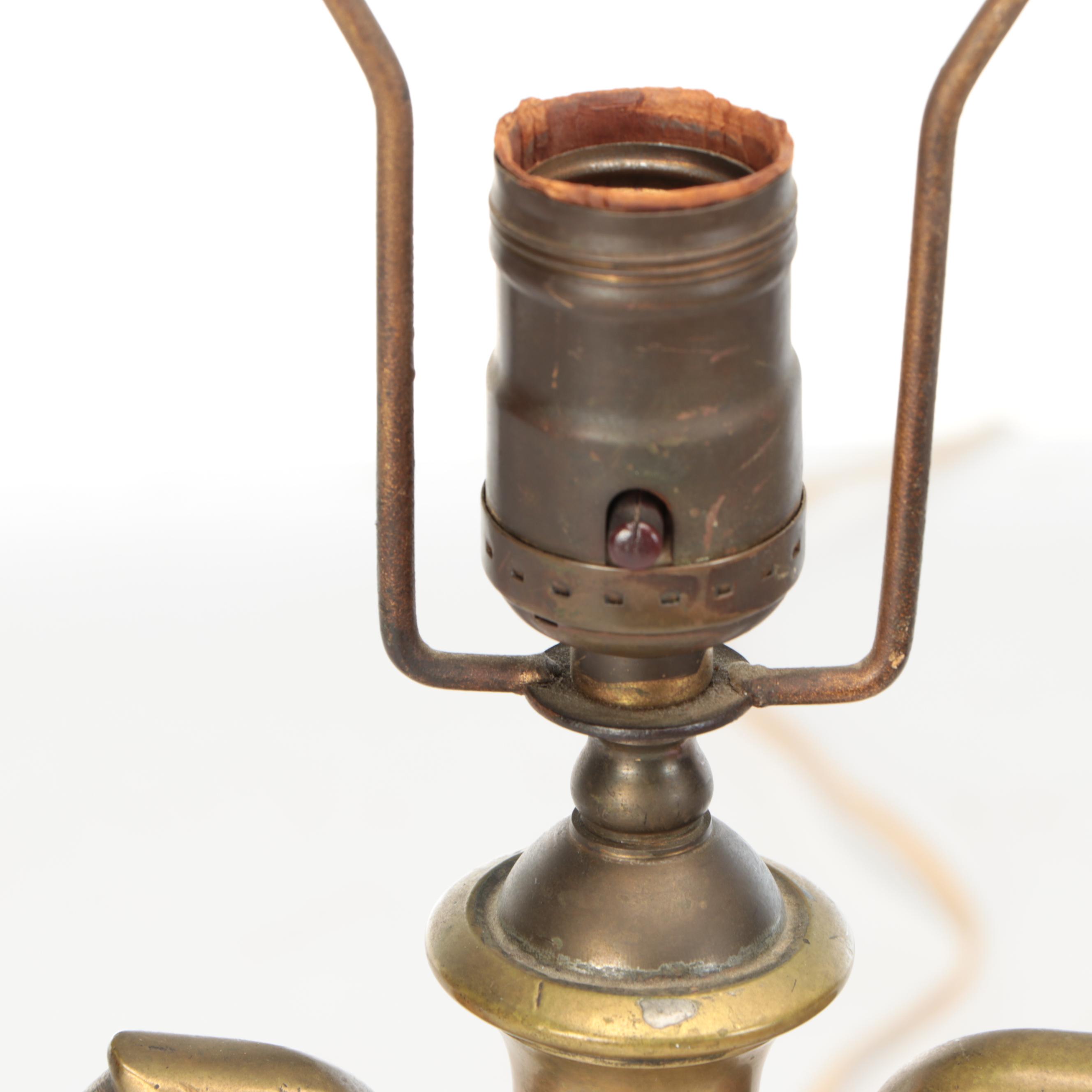 Brass Trophy Urn and Candlestick Table Lamps with Marbled, Metallic Paper Shades