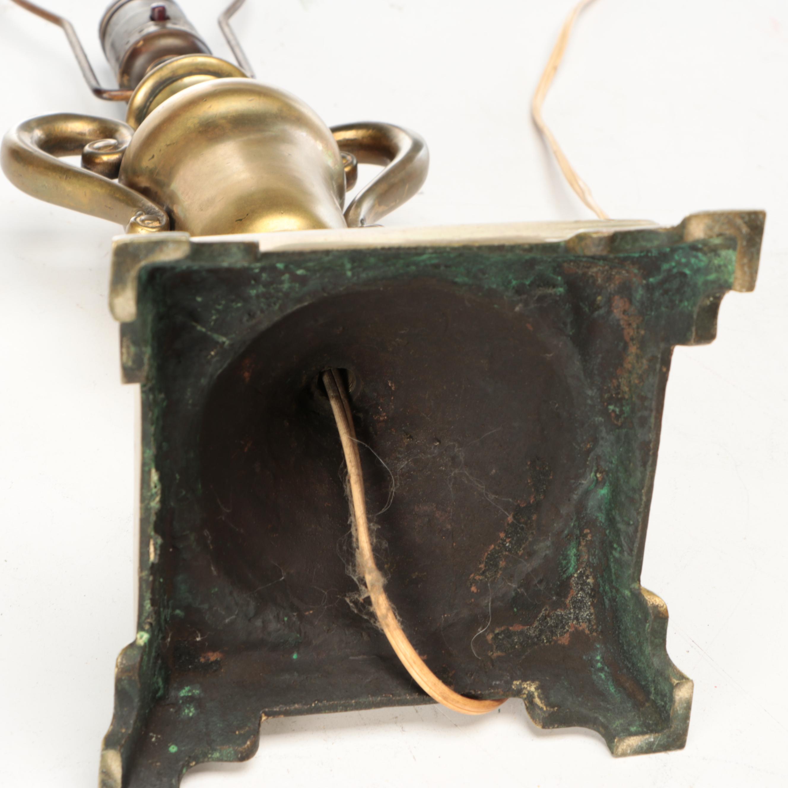 Brass Trophy Urn and Candlestick Table Lamps with Marbled, Metallic Paper Shades