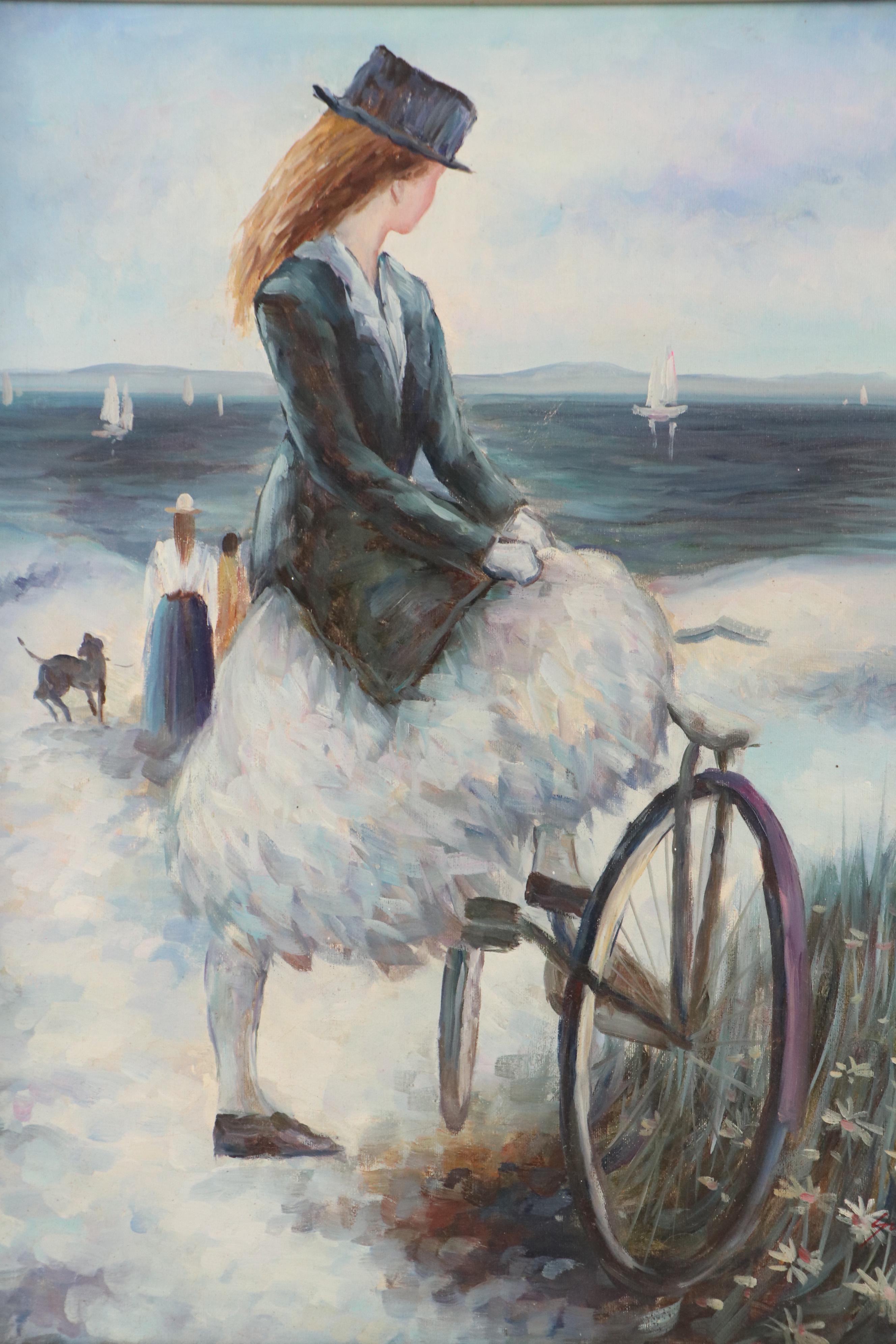 Simon Impressionist Coastal Scene Oil Painting of Woman and Bicycle