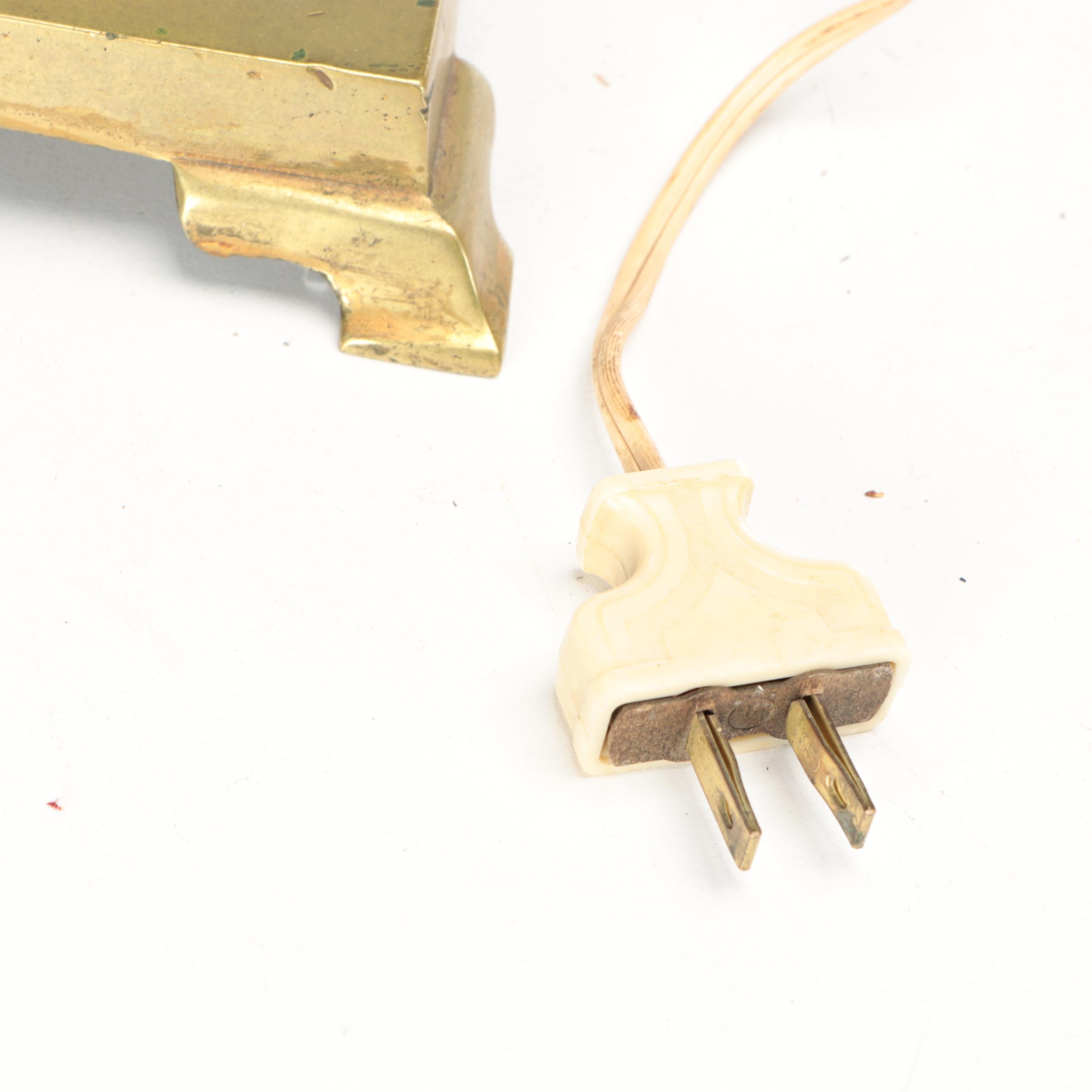 Brass Trophy Urn and Candlestick Table Lamps with Marbled, Metallic Paper Shades