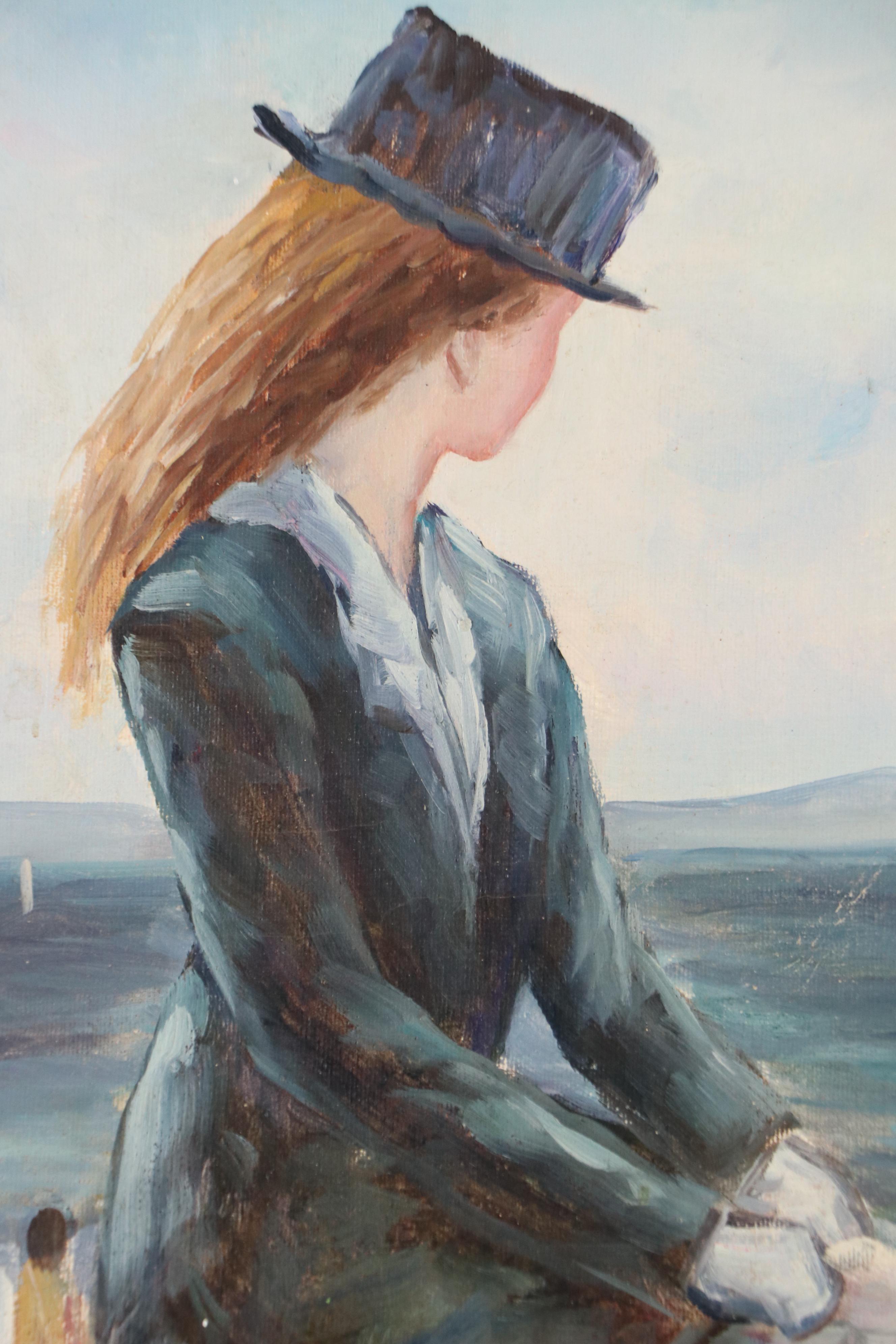 Simon Impressionist Coastal Scene Oil Painting of Woman and Bicycle