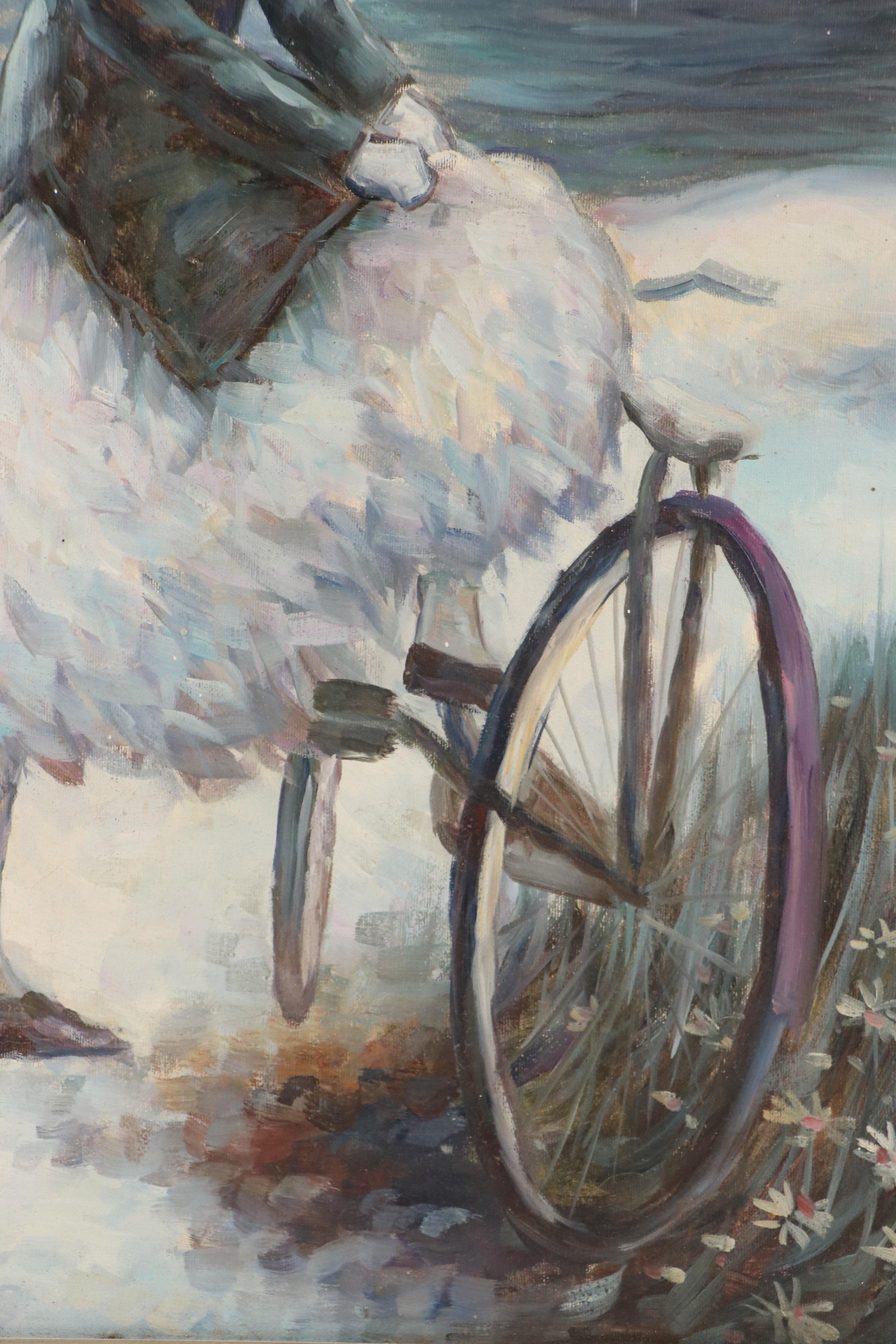 Simon Impressionist Coastal Scene Oil Painting of Woman and Bicycle