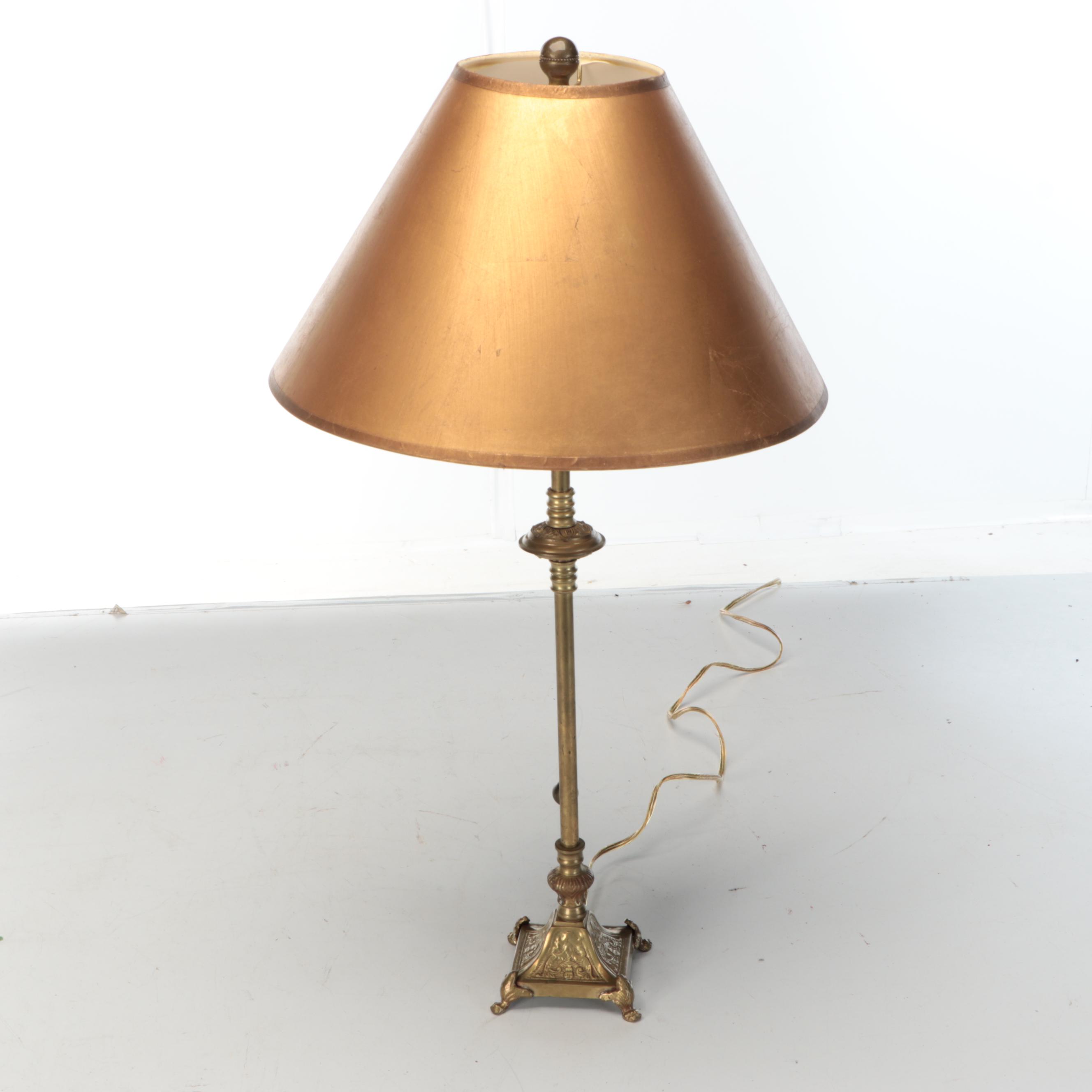 Brass Trophy Urn and Candlestick Table Lamps with Marbled, Metallic Paper Shades