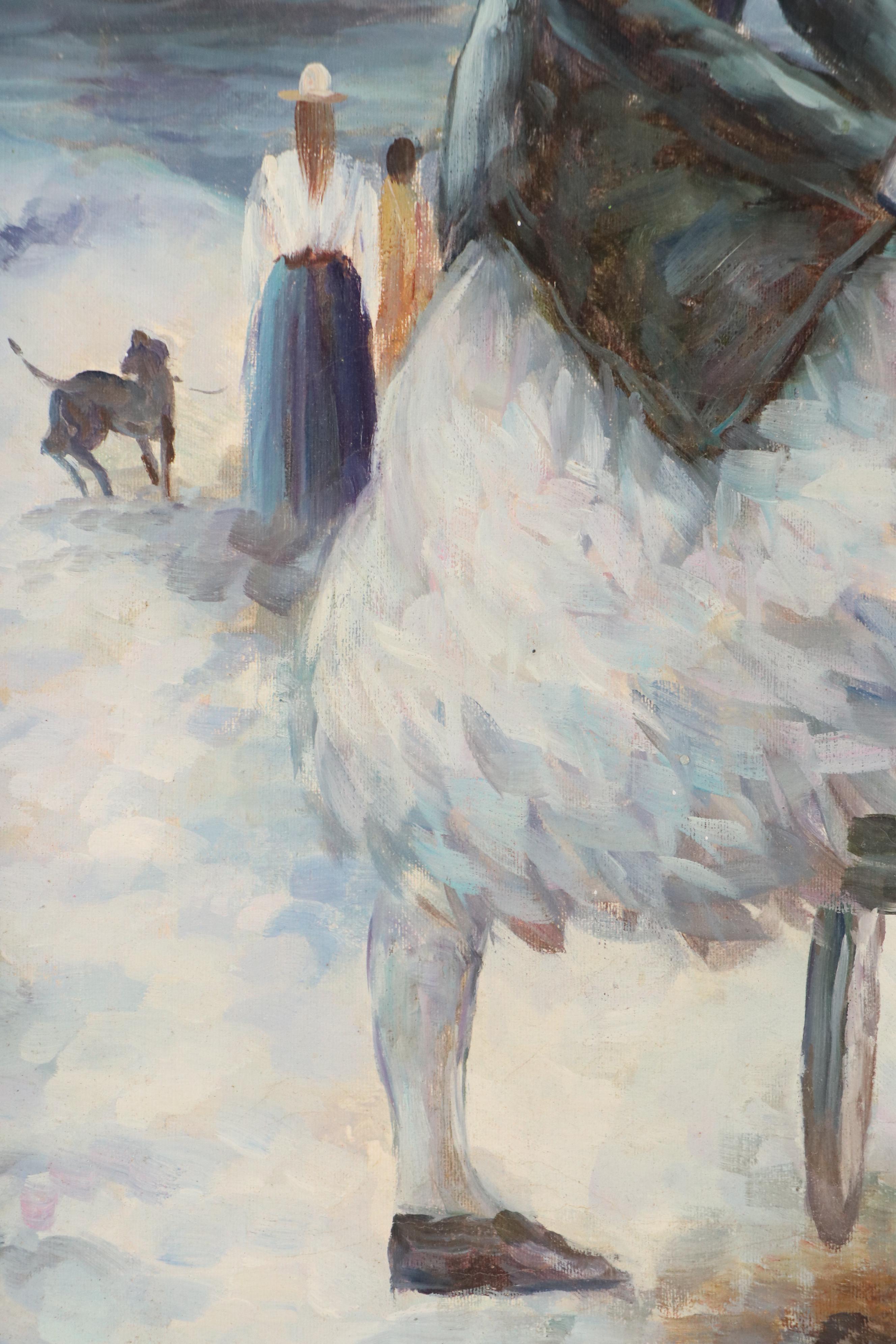 Simon Impressionist Coastal Scene Oil Painting of Woman and Bicycle