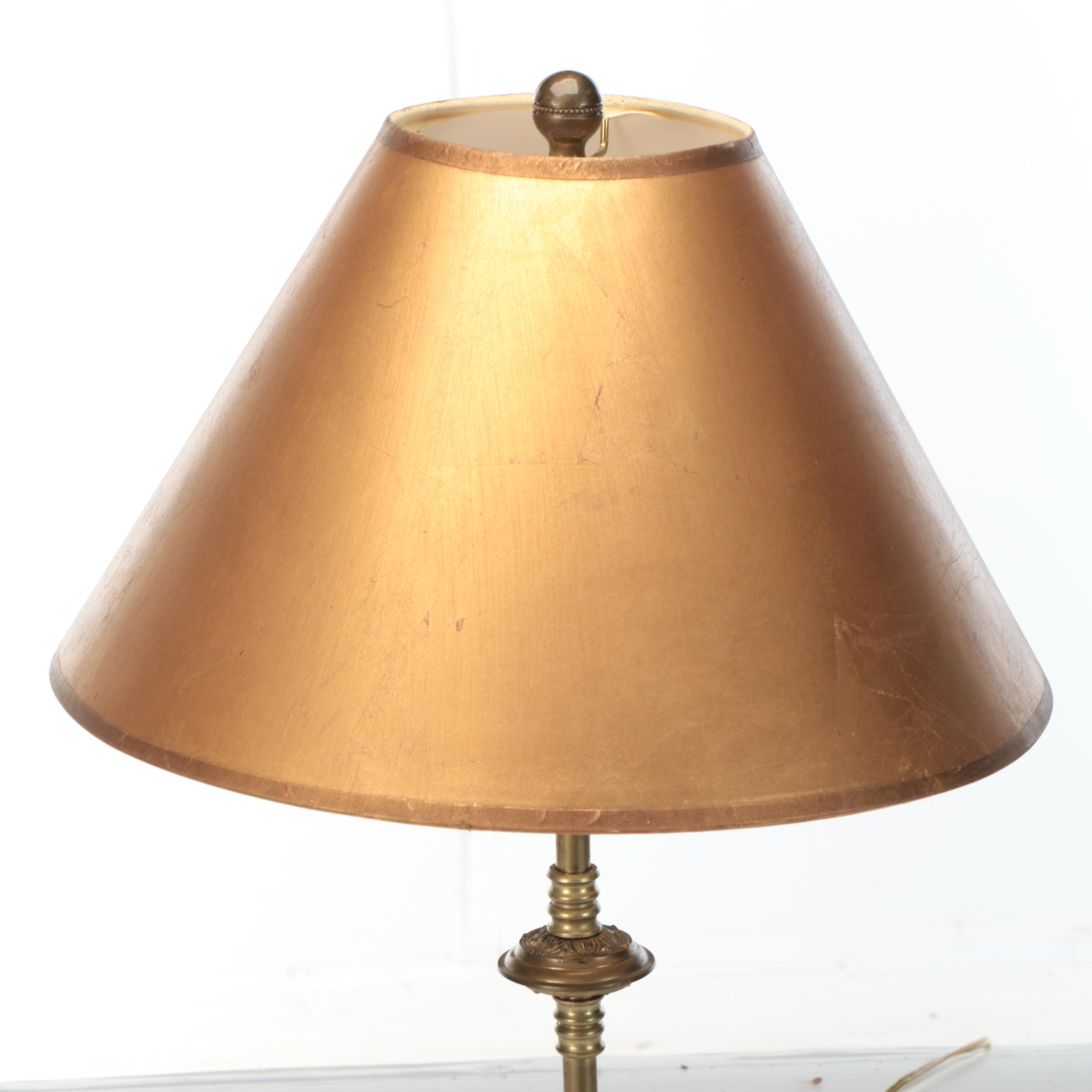 Brass Trophy Urn and Candlestick Table Lamps with Marbled, Metallic Paper Shades