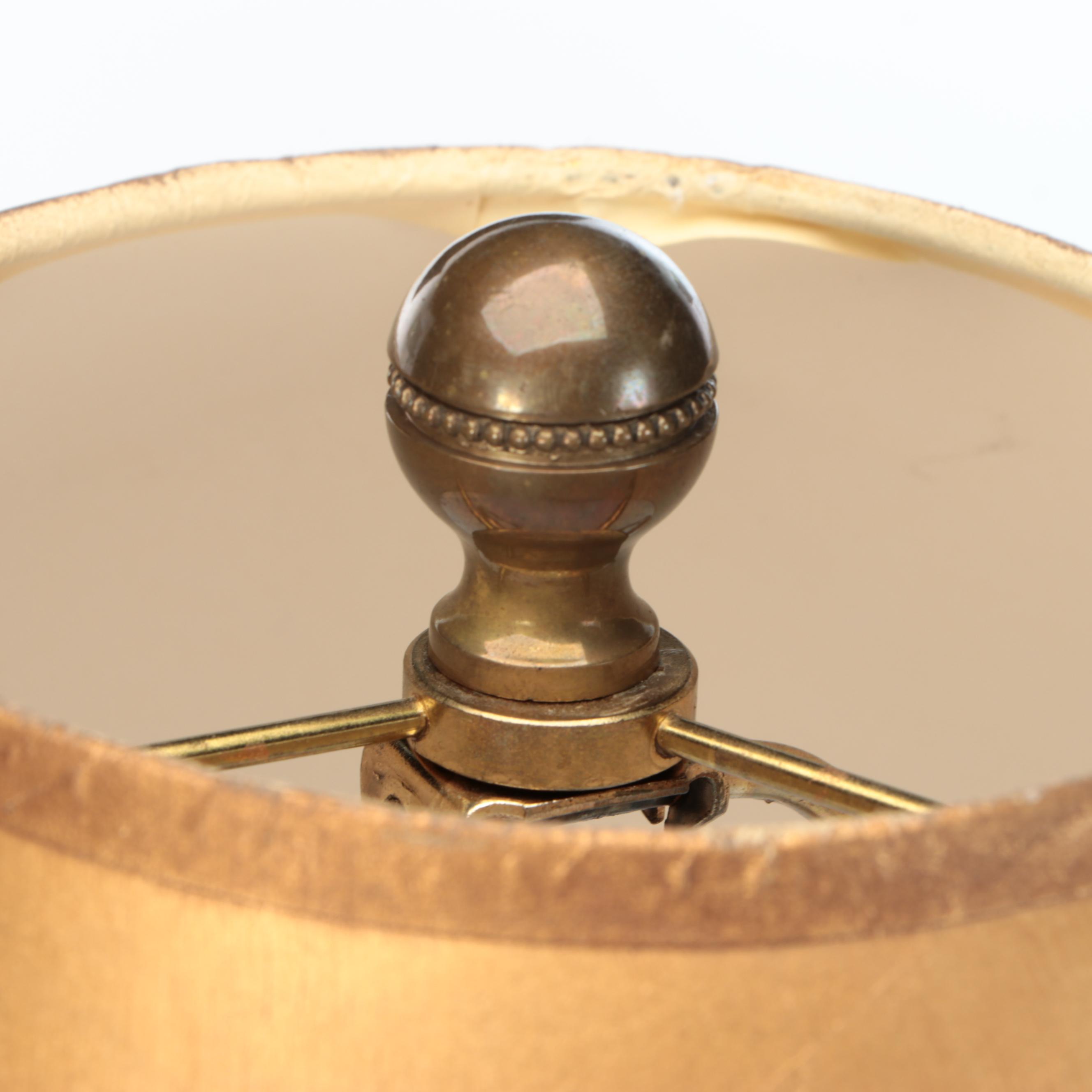 Brass Trophy Urn and Candlestick Table Lamps with Marbled, Metallic Paper Shades