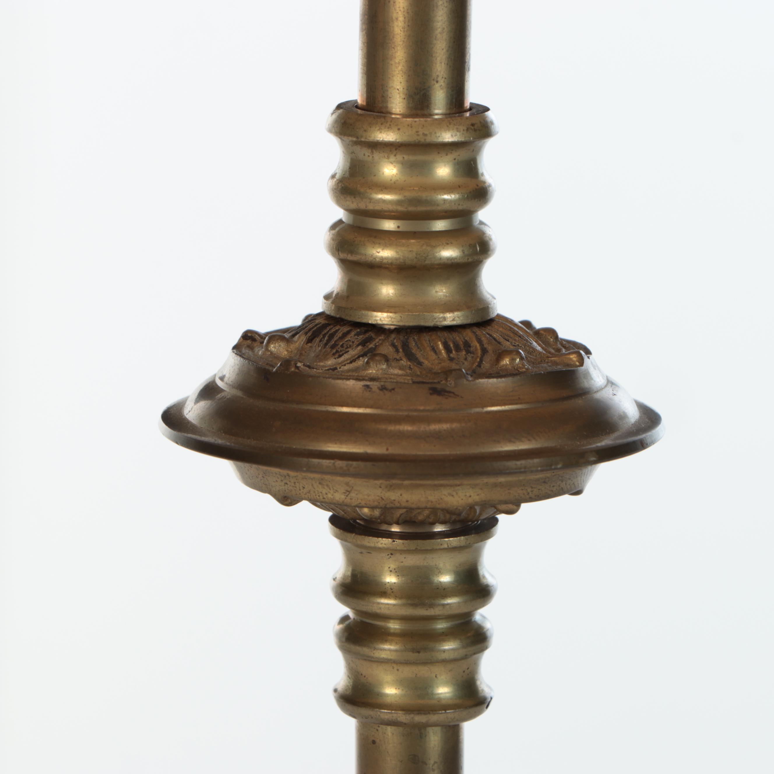 Brass Trophy Urn and Candlestick Table Lamps with Marbled, Metallic Paper Shades