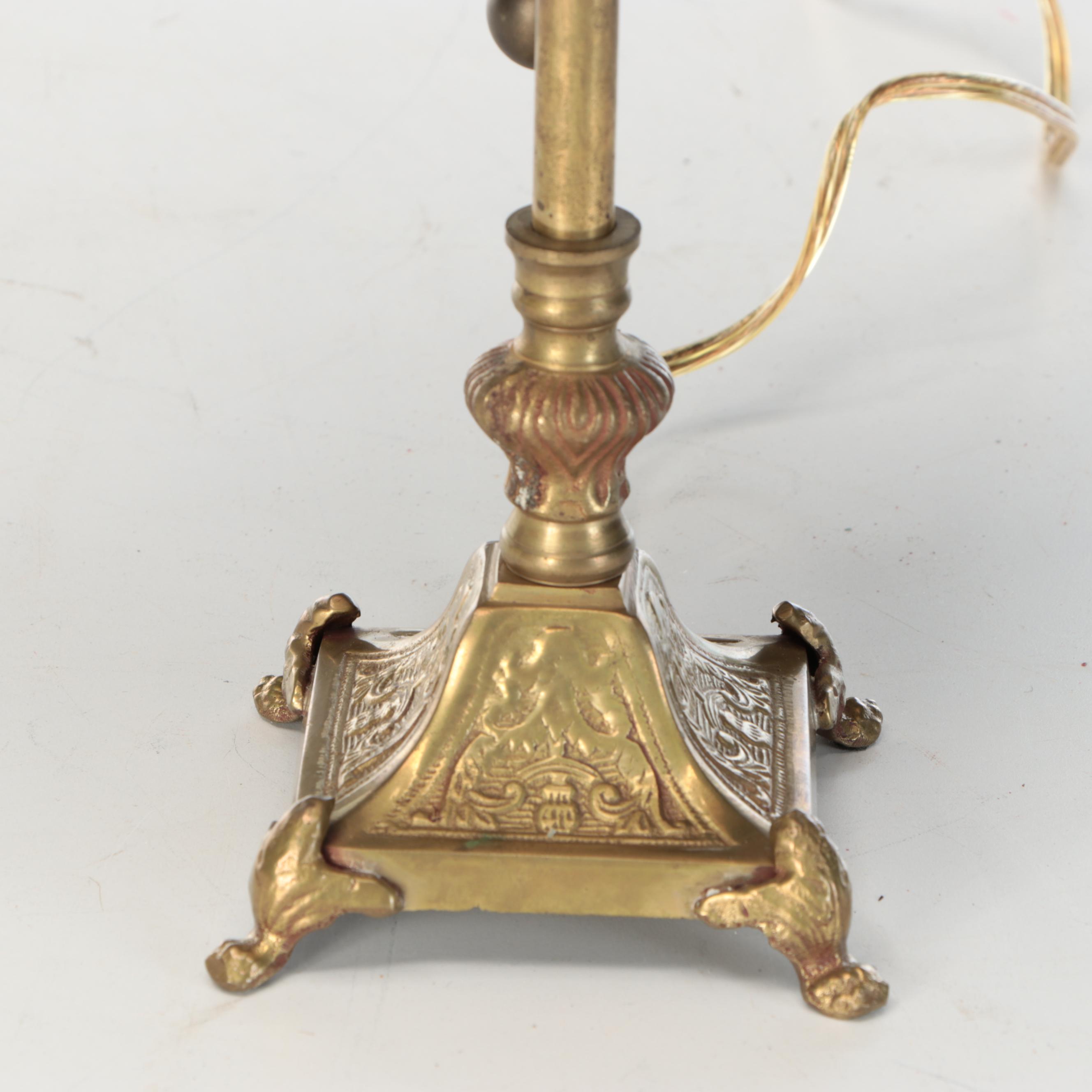 Brass Trophy Urn and Candlestick Table Lamps with Marbled, Metallic Paper Shades