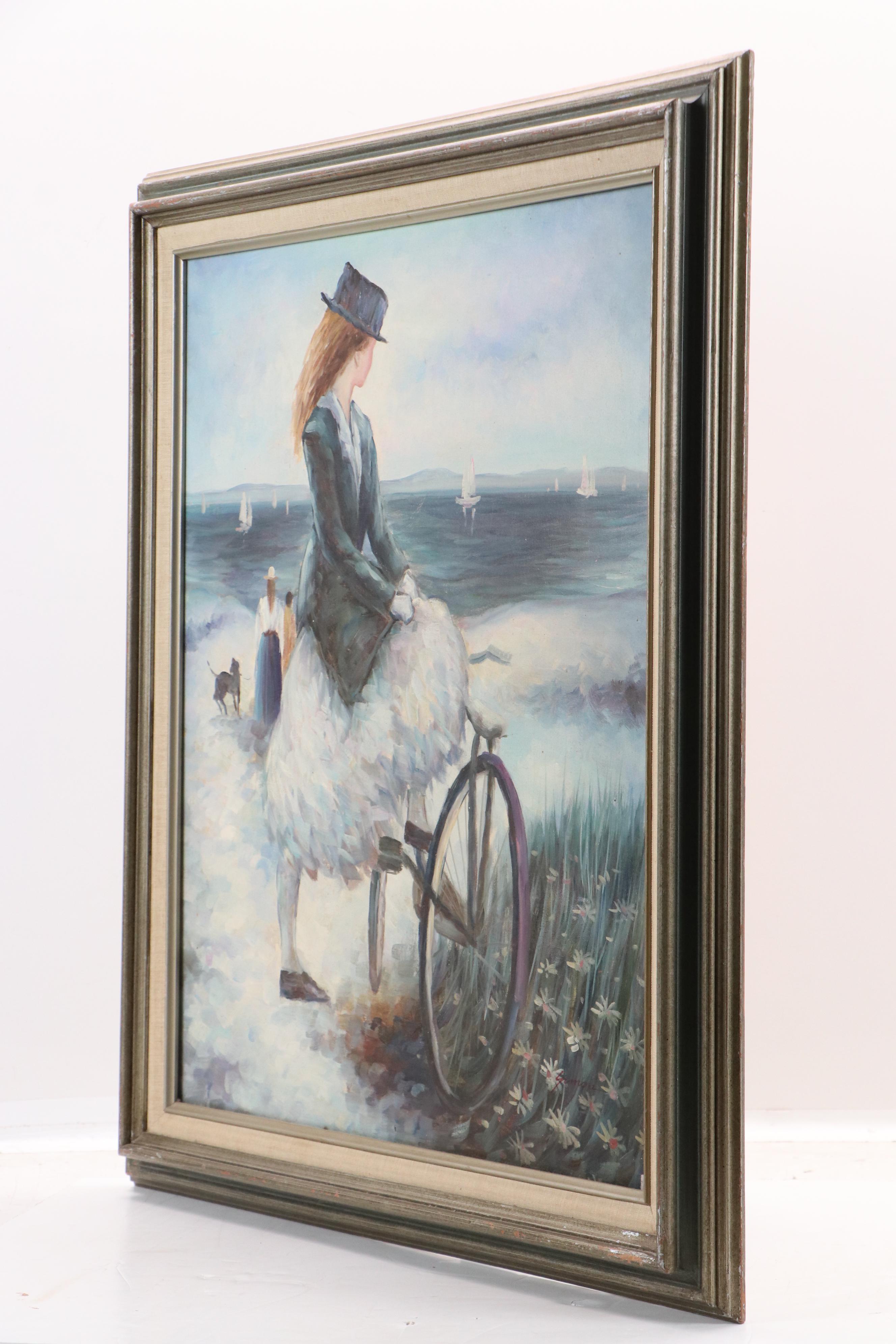 Simon Impressionist Coastal Scene Oil Painting of Woman and Bicycle