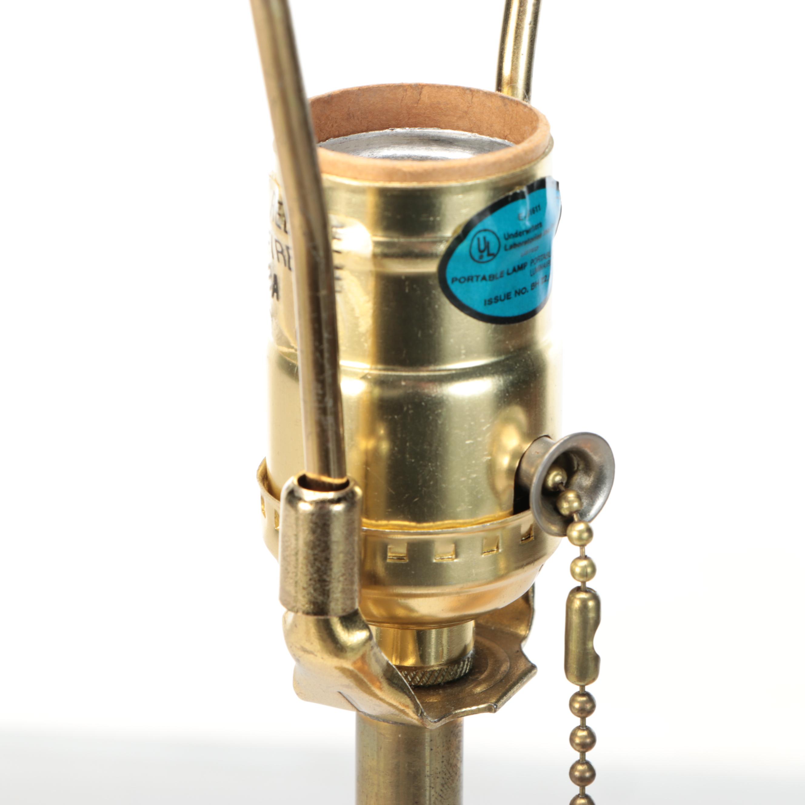 Brass Trophy Urn and Candlestick Table Lamps with Marbled, Metallic Paper Shades