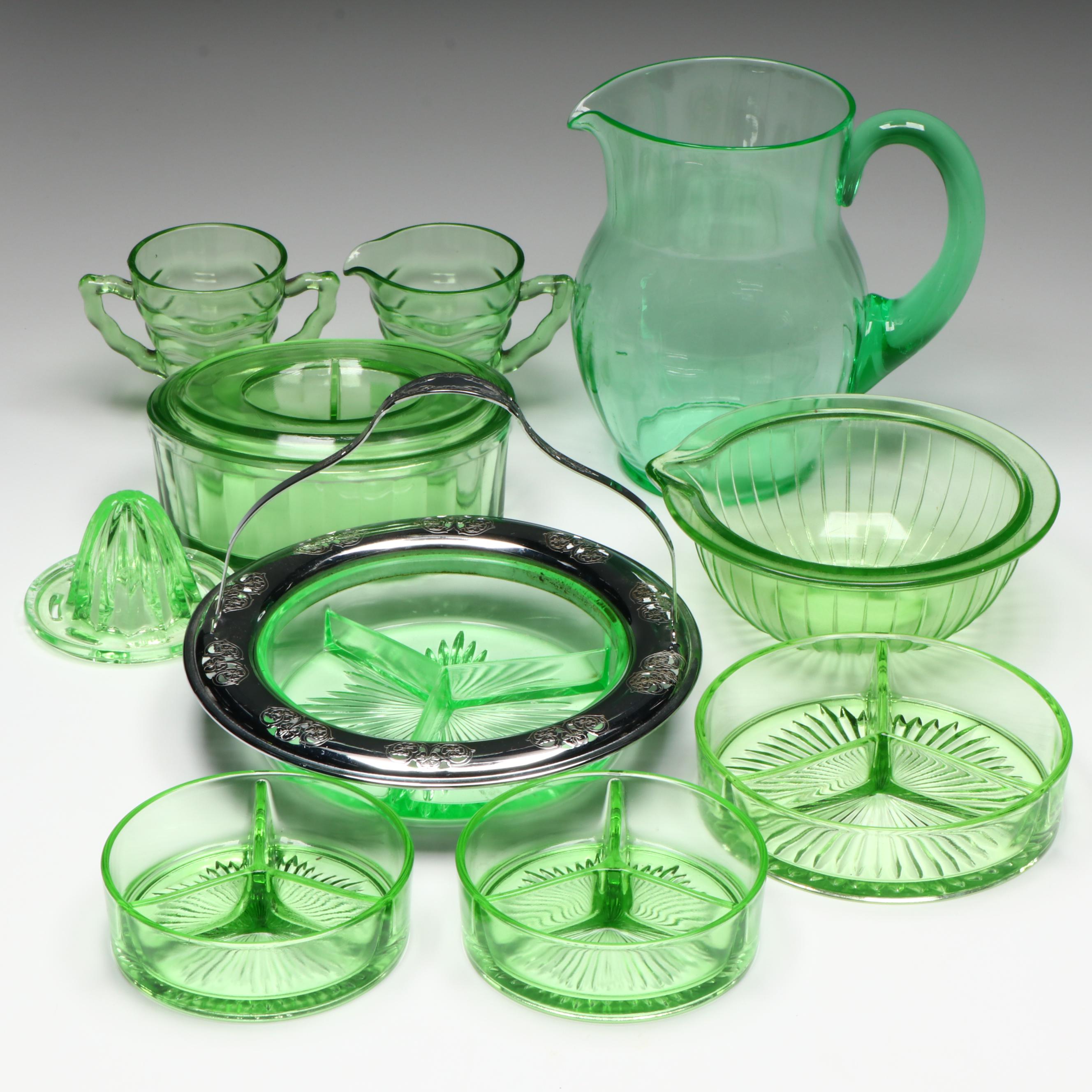 Uranium Glass Divided Tray and Bowls with Other Uranium Glass Table Accessories
