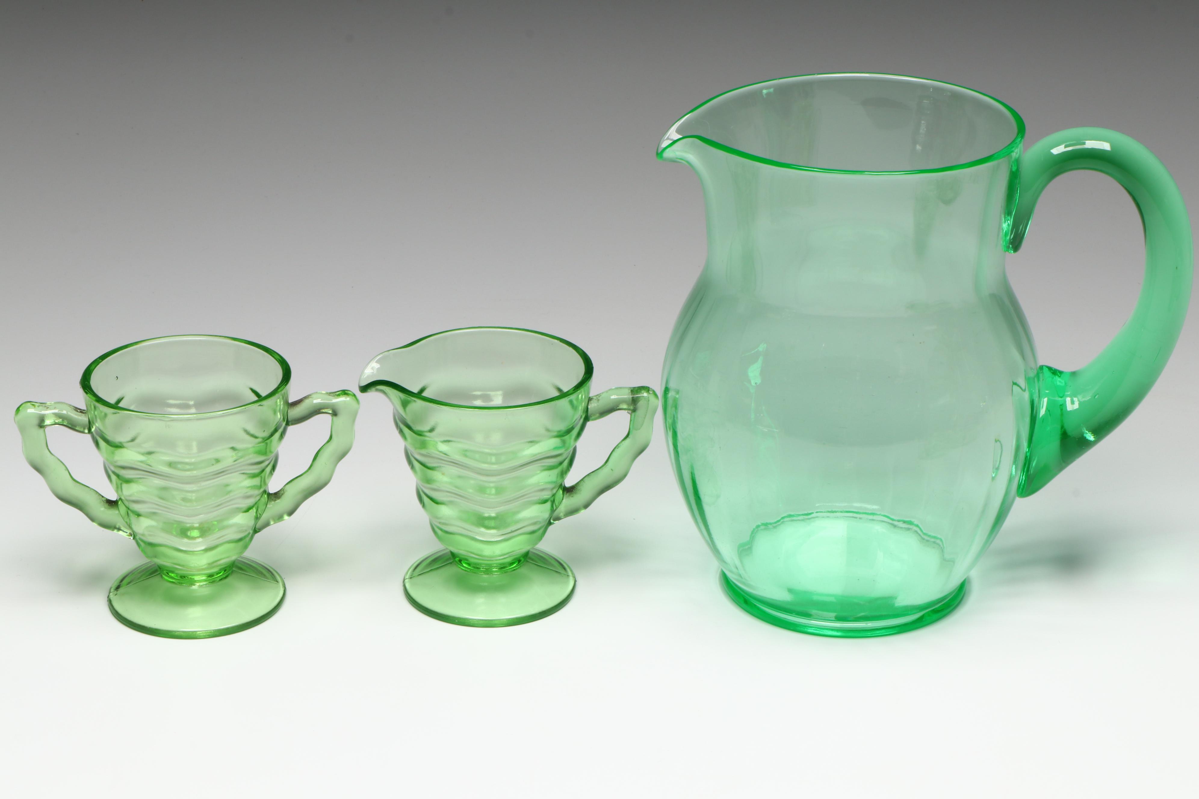 Uranium Glass Divided Tray and Bowls with Other Uranium Glass Table Accessories