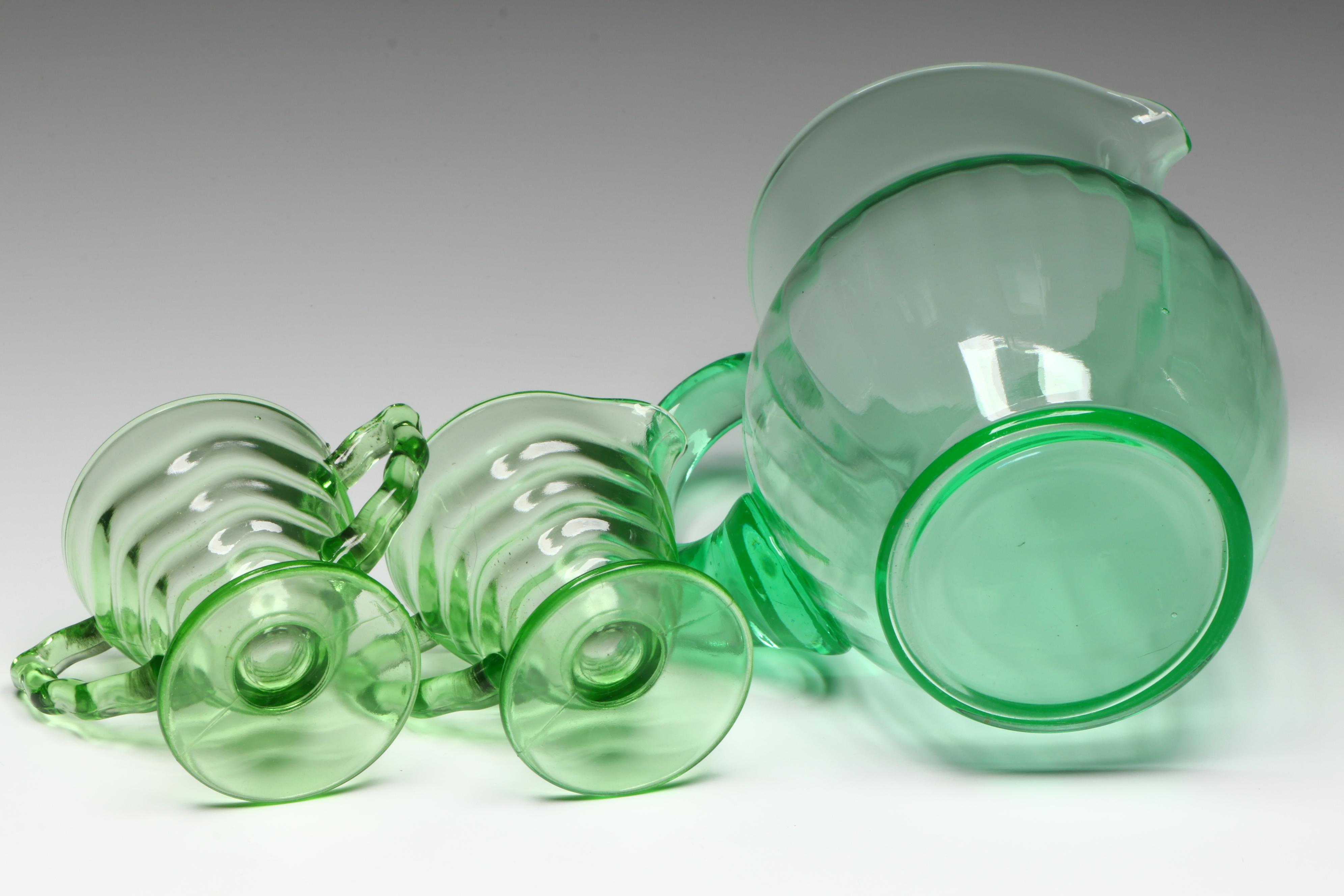 Uranium Glass Divided Tray and Bowls with Other Uranium Glass Table Accessories