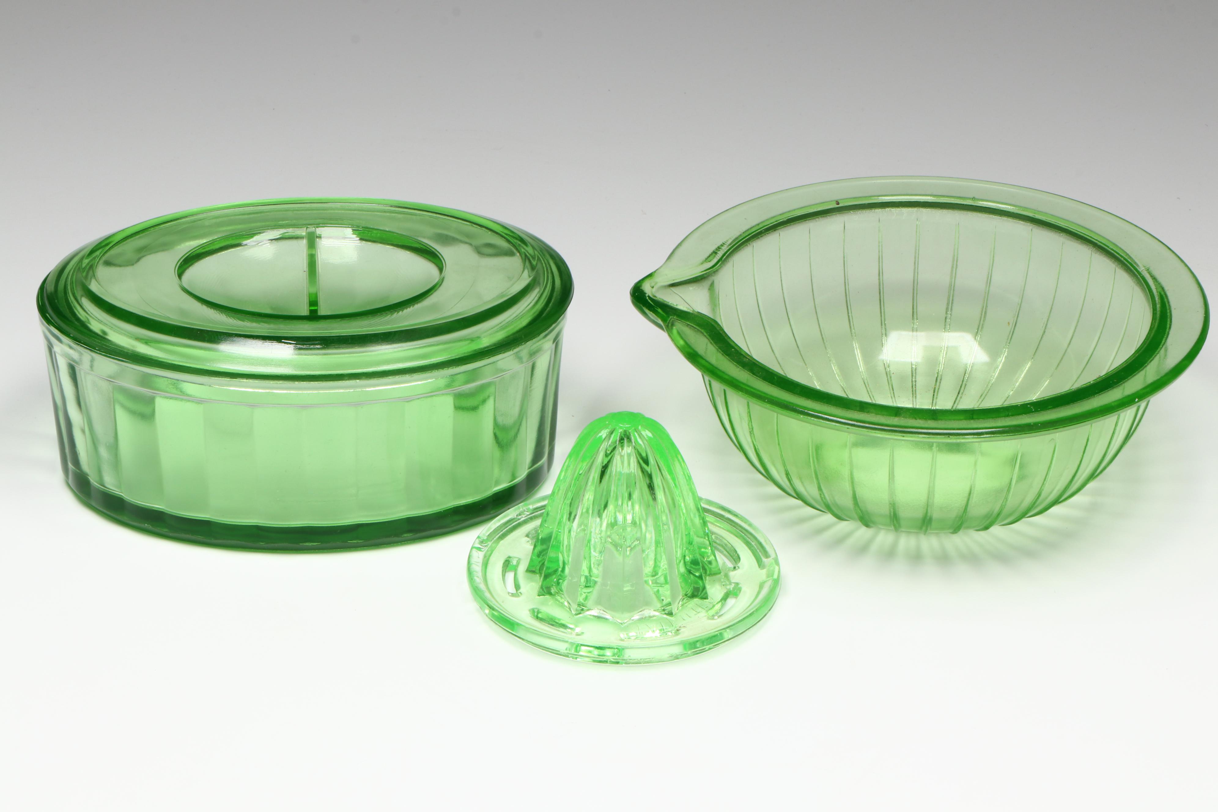 Uranium Glass Divided Tray and Bowls with Other Uranium Glass Table Accessories