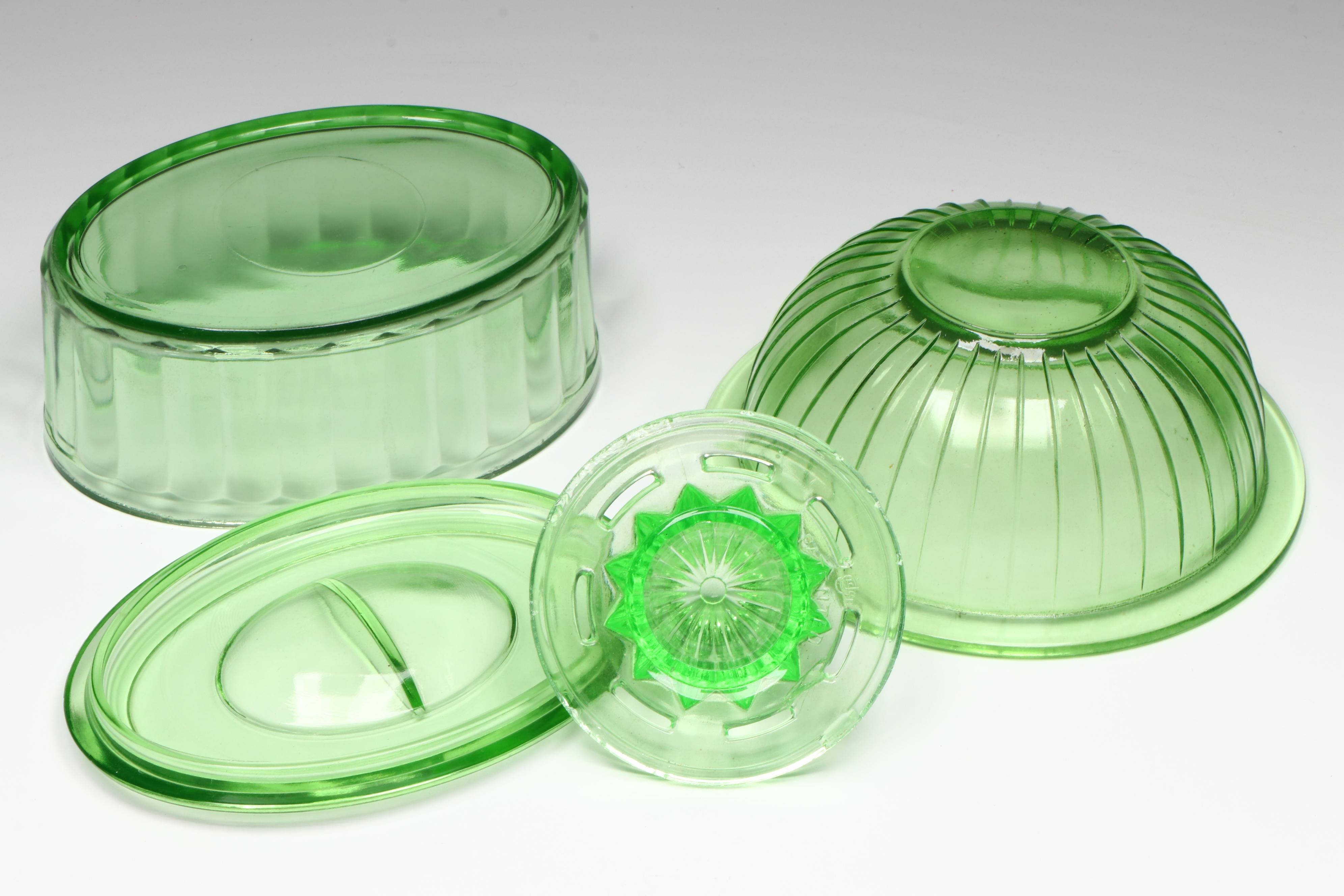 Uranium Glass Divided Tray and Bowls with Other Uranium Glass Table Accessories
