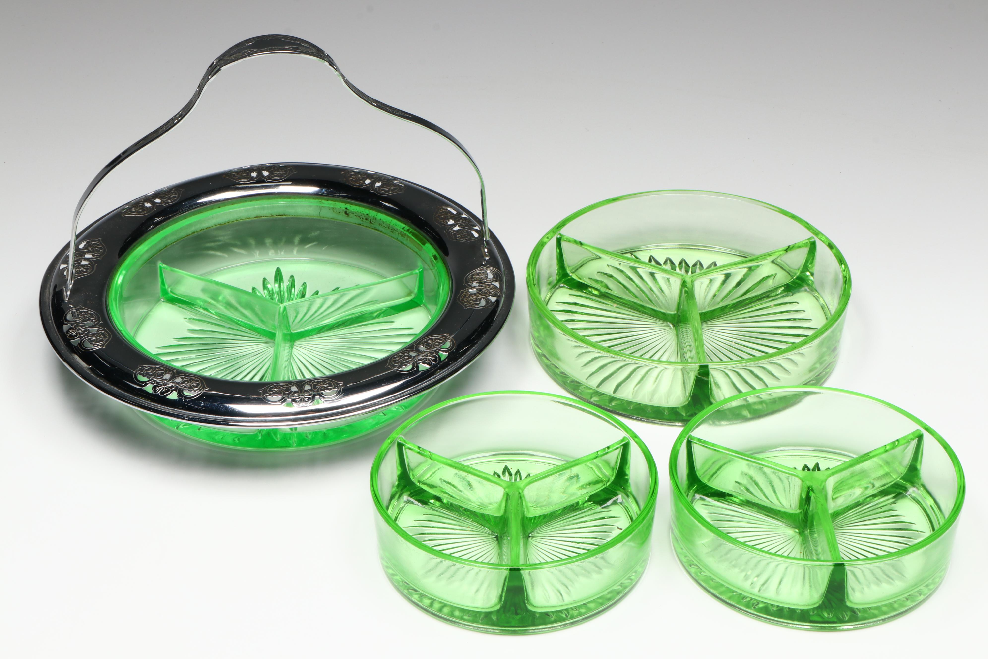 Uranium Glass Divided Tray and Bowls with Other Uranium Glass Table Accessories