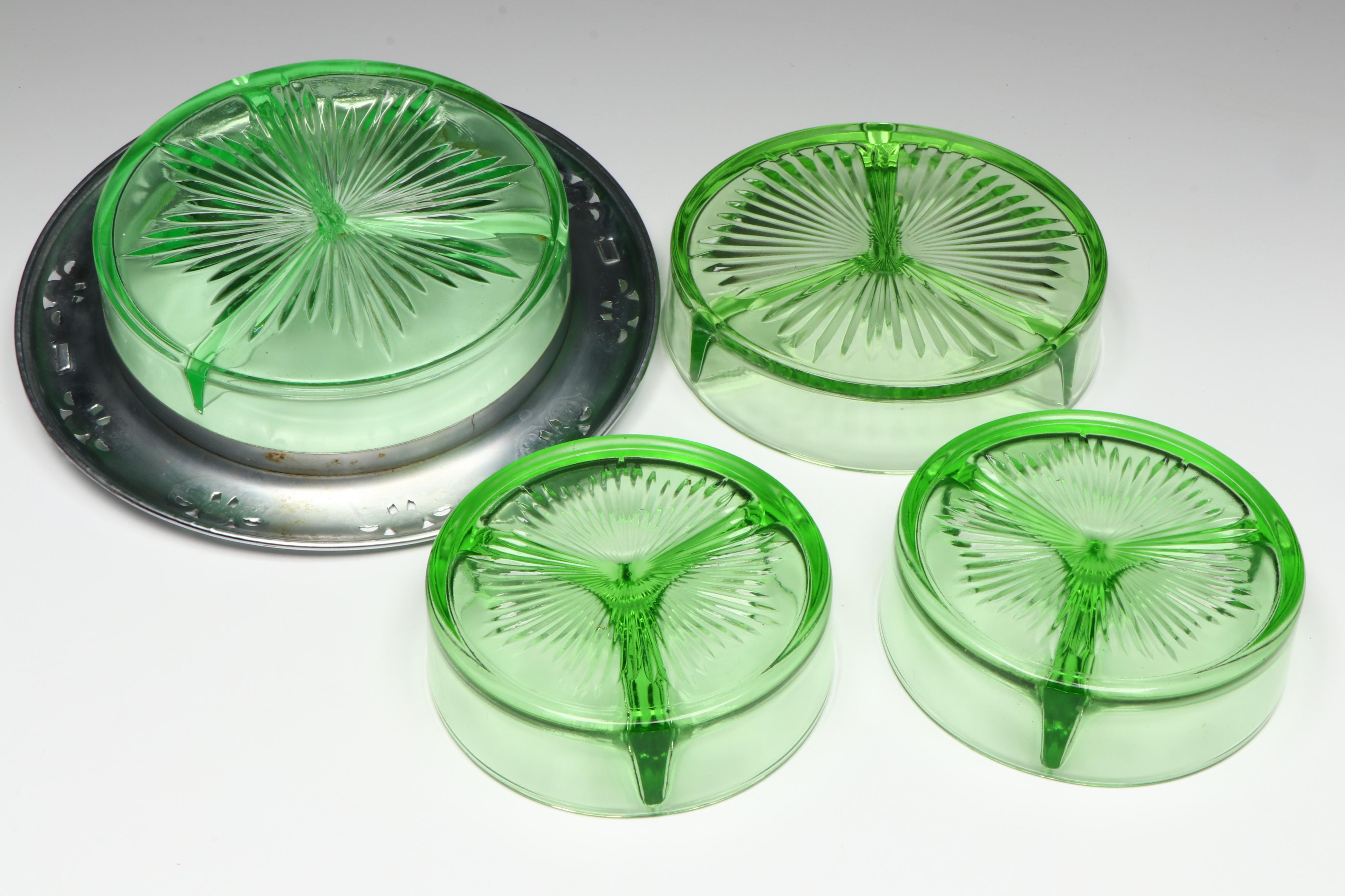 Uranium Glass Divided Tray and Bowls with Other Uranium Glass Table Accessories
