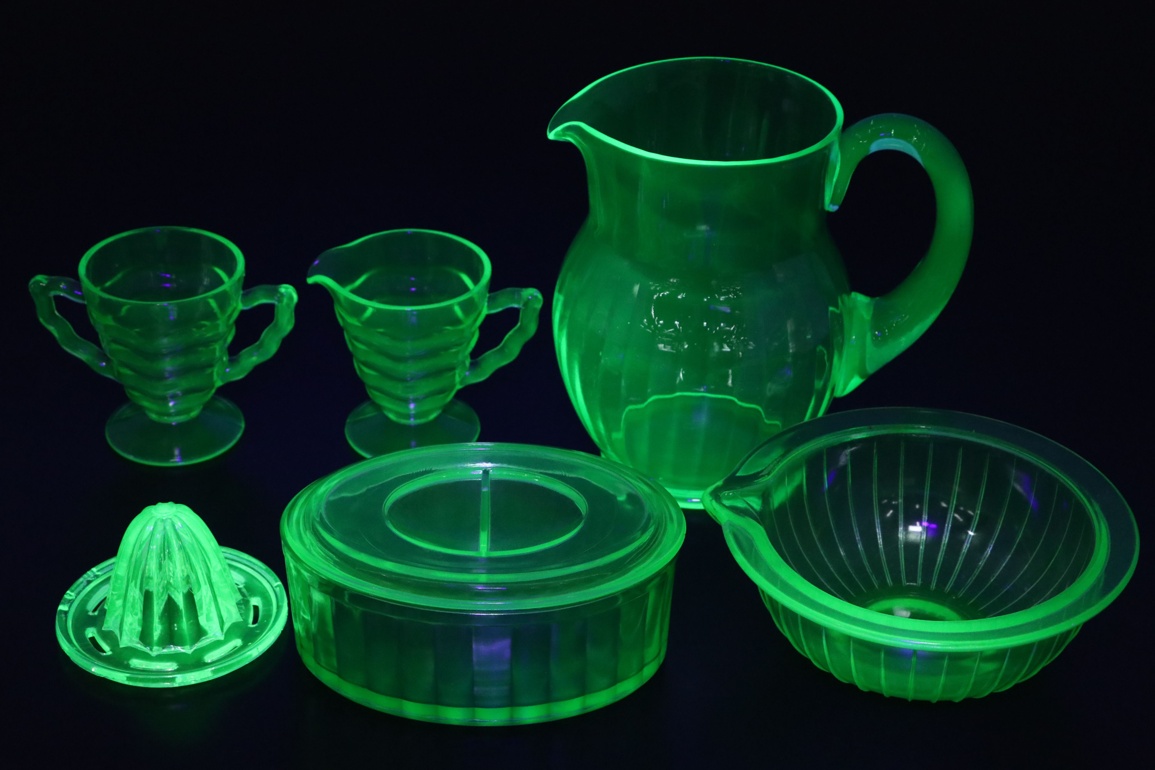 Uranium Glass Divided Tray and Bowls with Other Uranium Glass Table Accessories