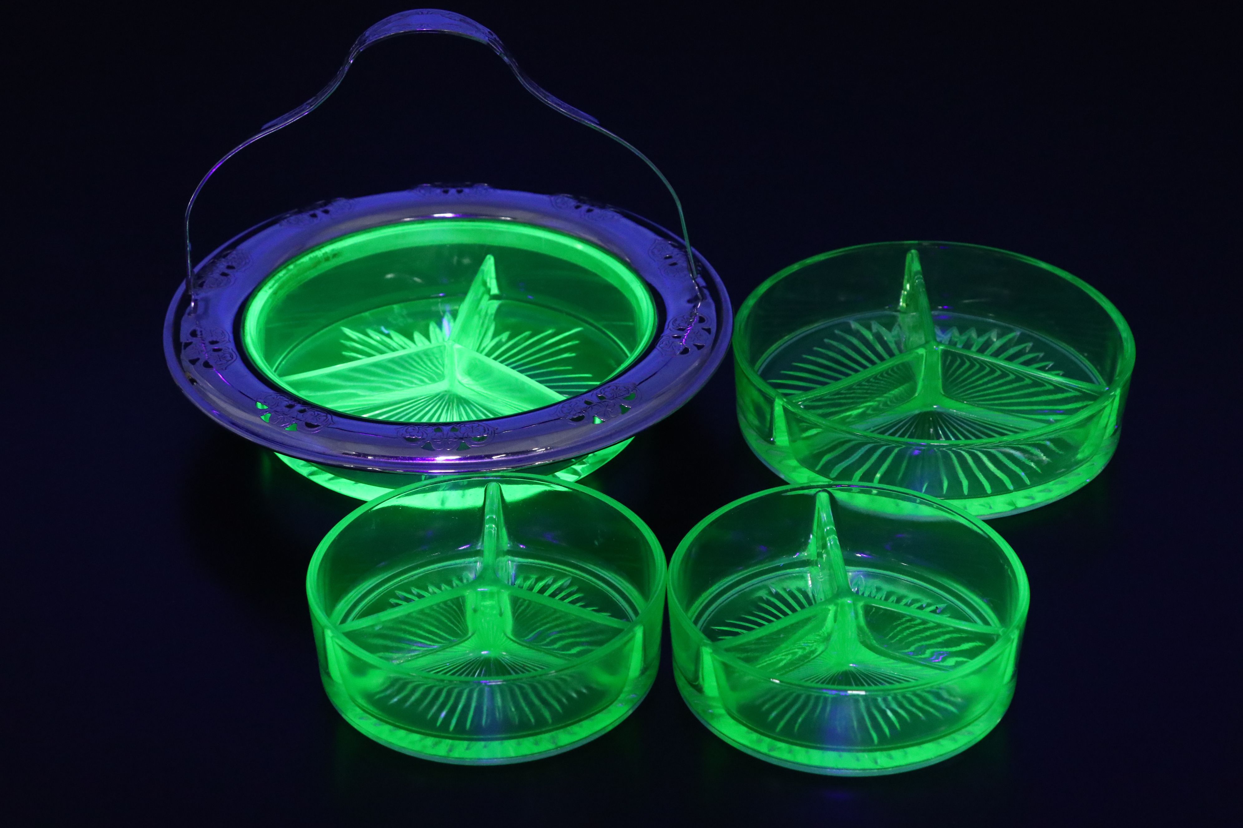 Uranium Glass Divided Tray and Bowls with Other Uranium Glass Table Accessories