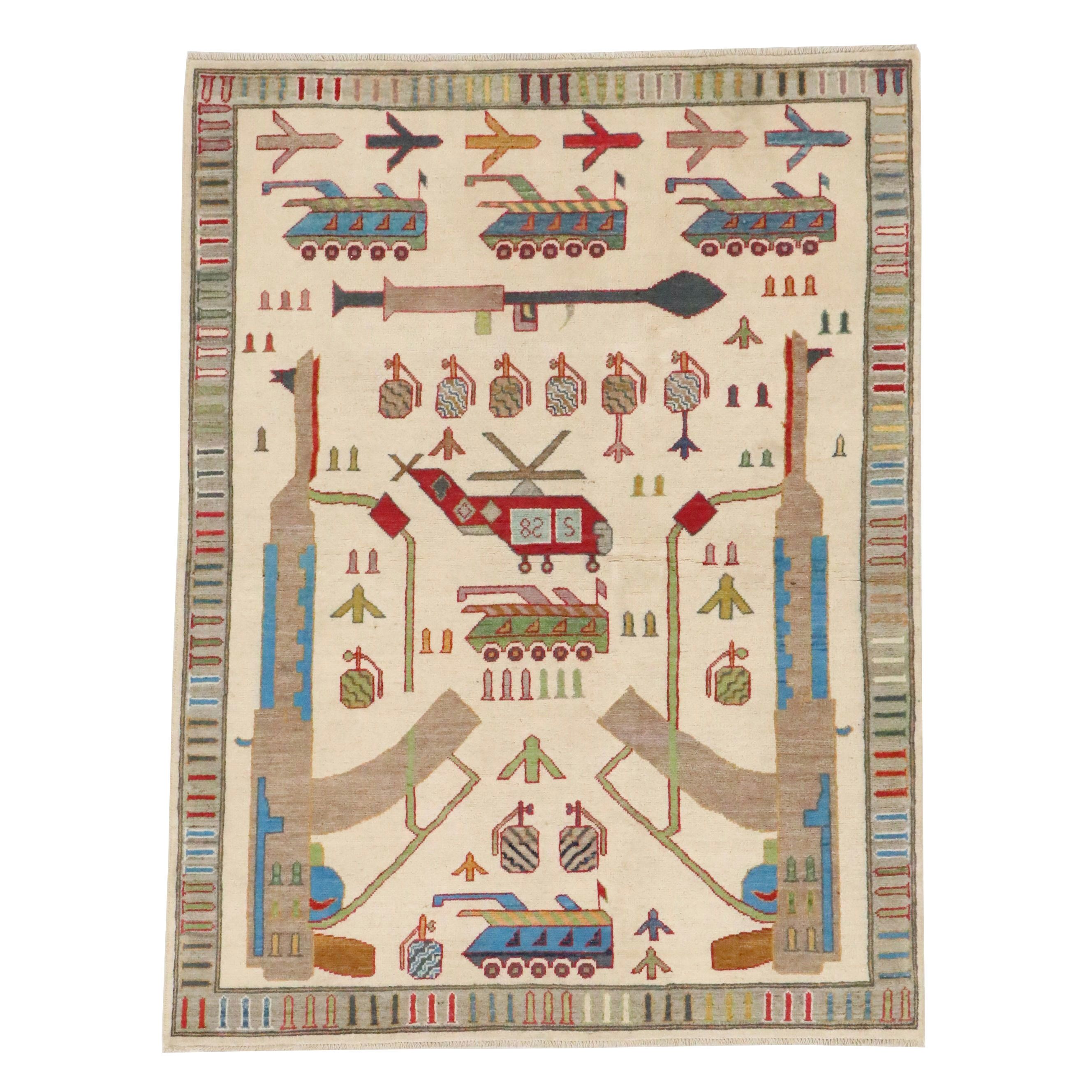 5' x 6'6 Hand-Knotted Pakistani Pictorial War Area Rug