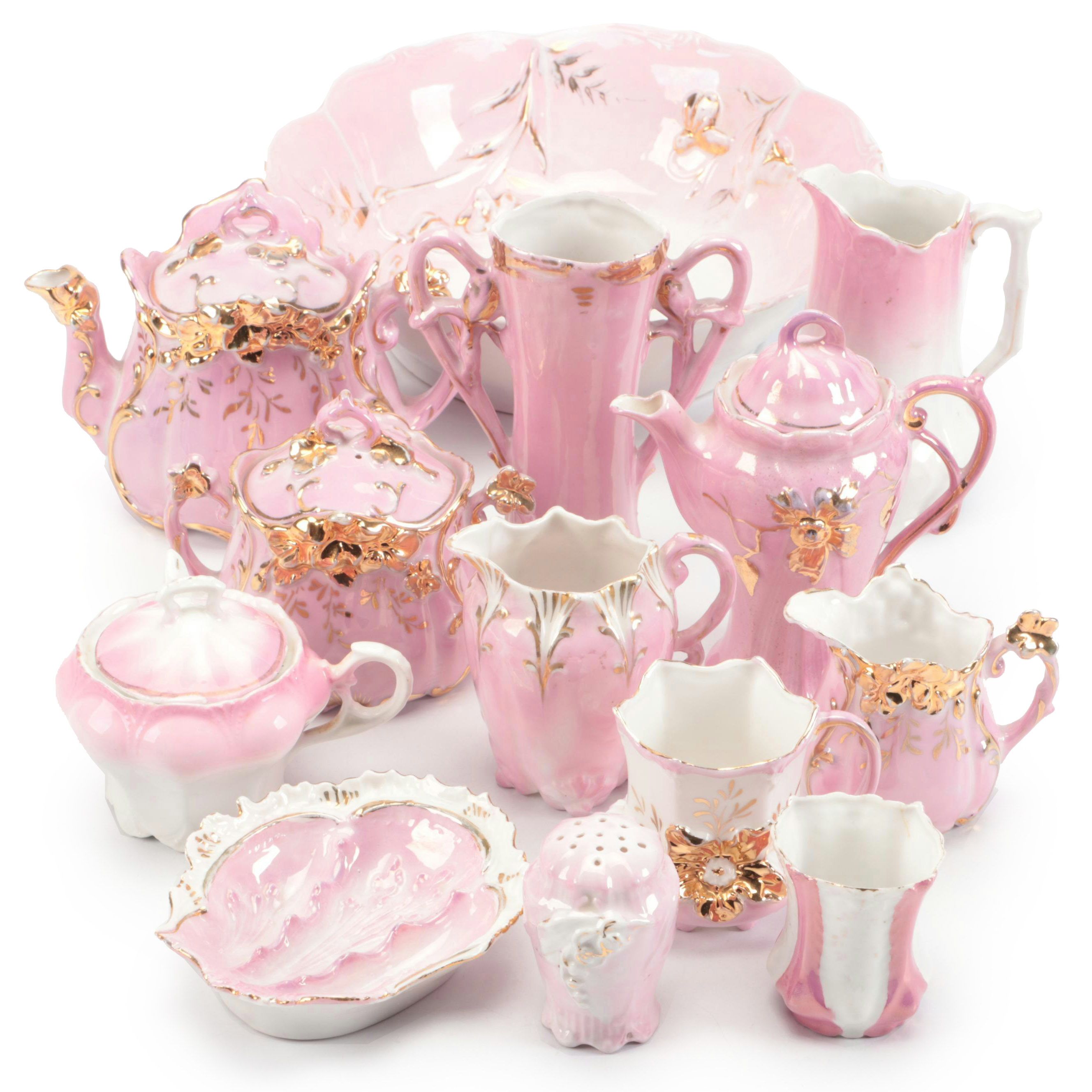 Victorian Pink Luster and Gilt Accented Tea Set with Other Table Accessories