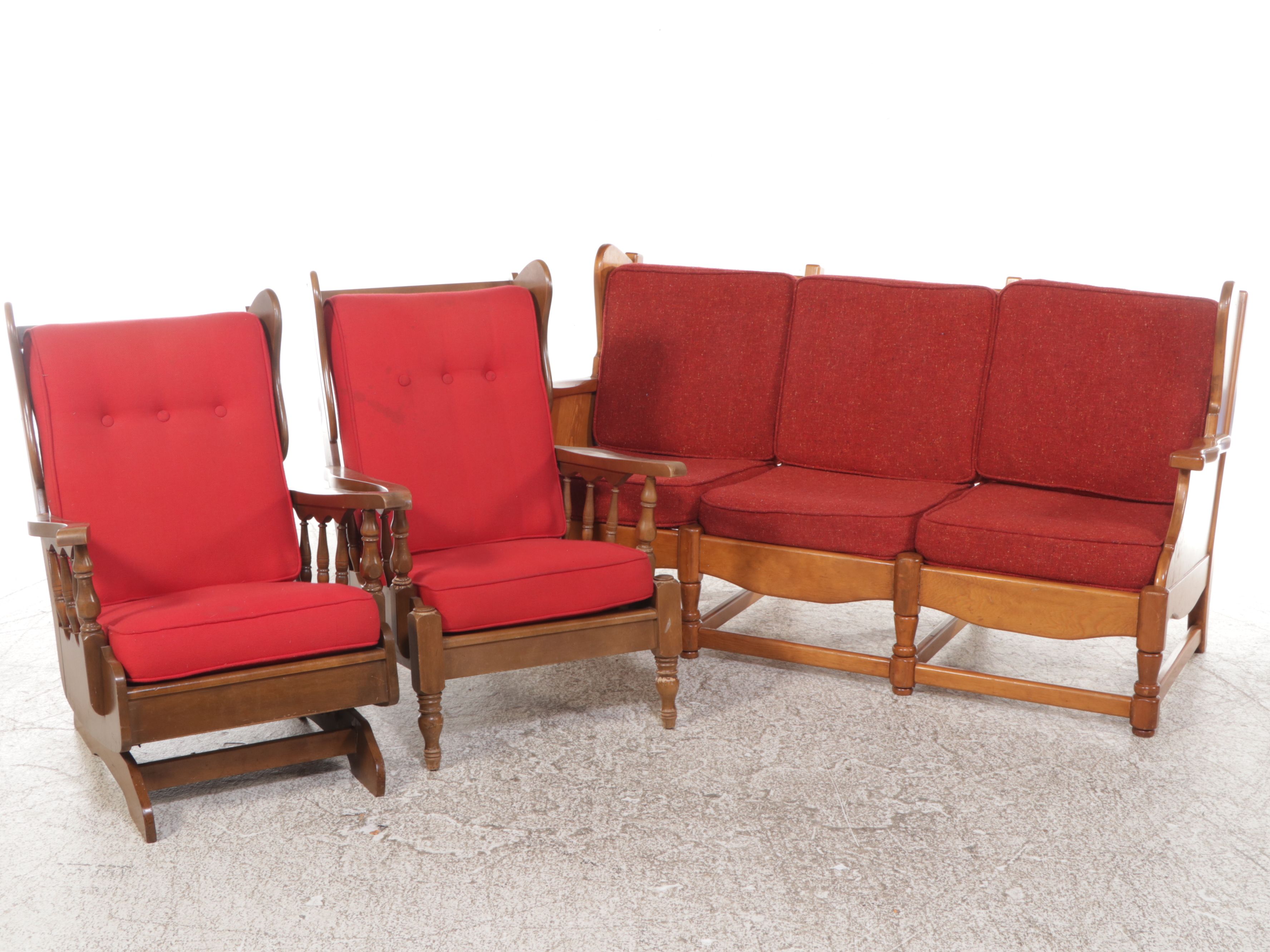 Colonial Revival Maple Sofa, Stationary Rocker, and Armchair, Late 20th Century
