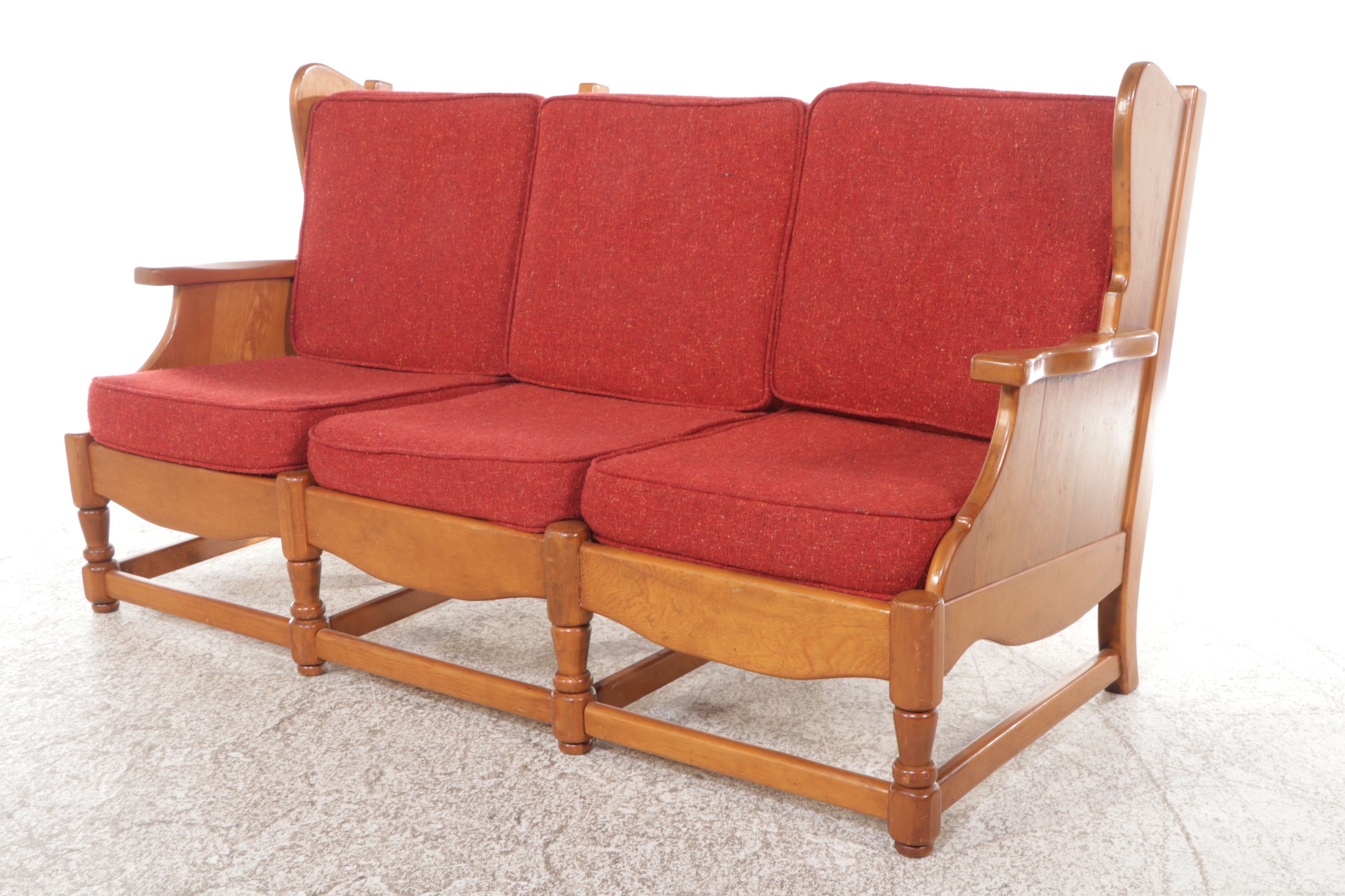 Colonial Revival Maple Sofa, Stationary Rocker, and Armchair, Late 20th Century