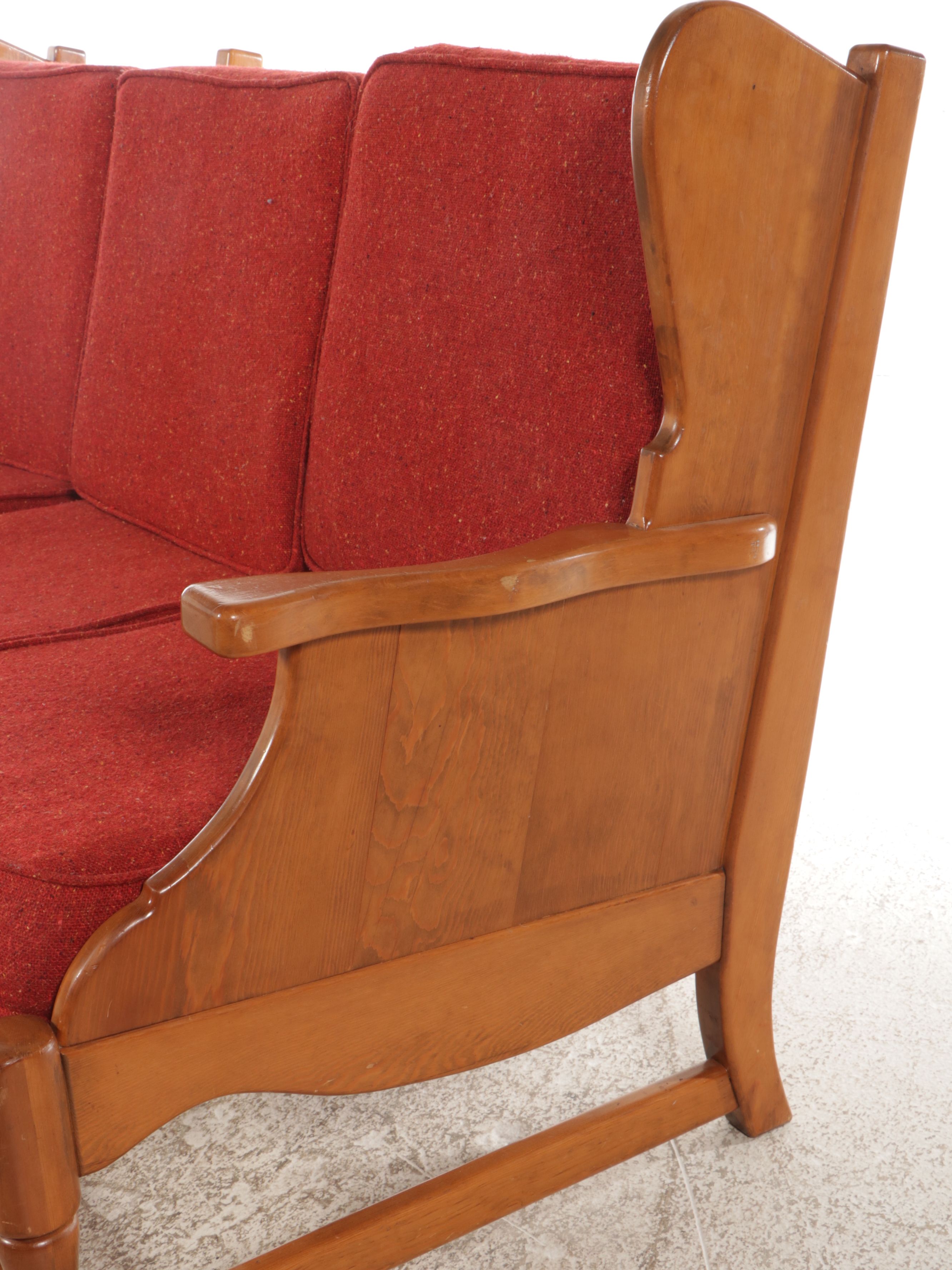 Colonial Revival Maple Sofa, Stationary Rocker, and Armchair, Late 20th Century