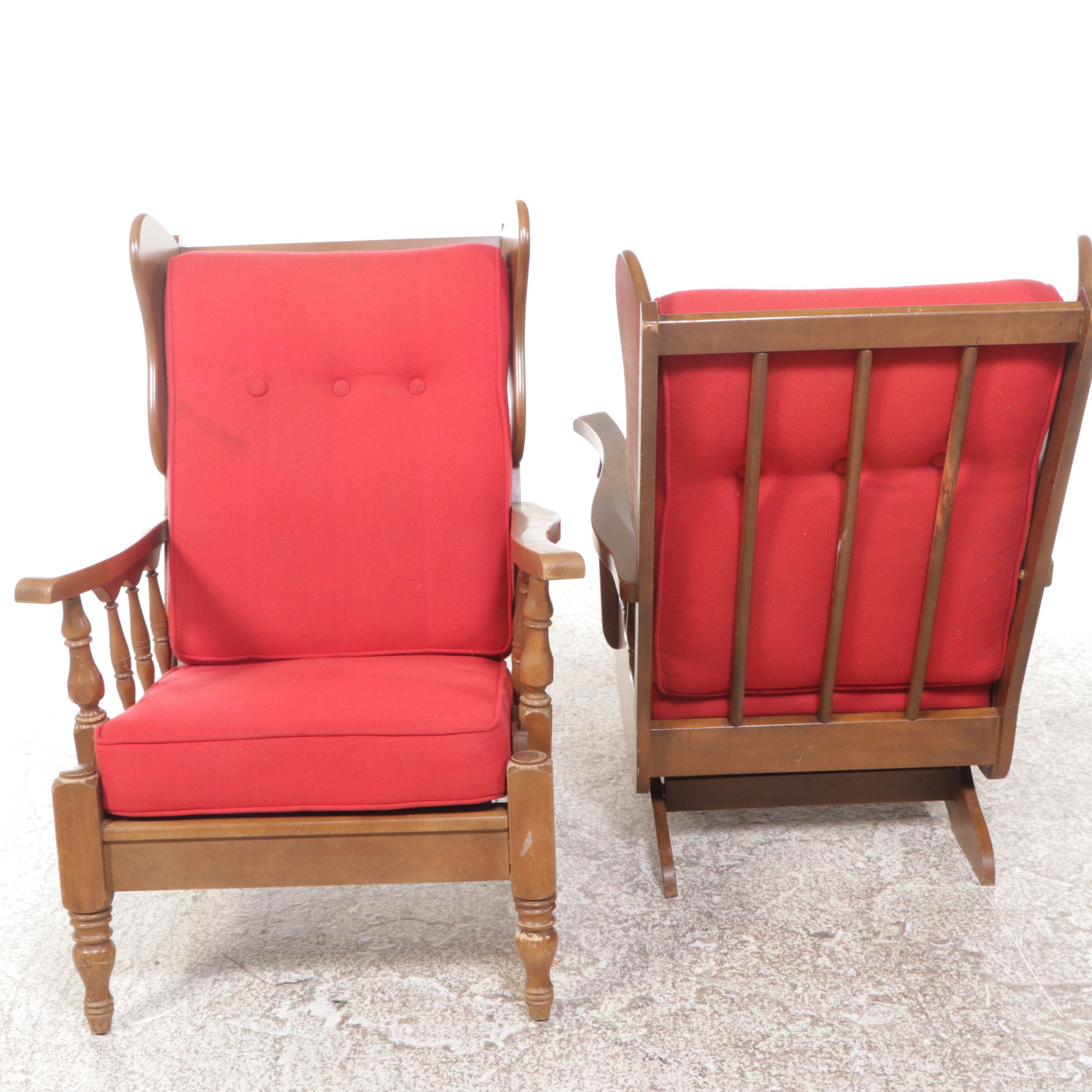 Colonial Revival Maple Sofa, Stationary Rocker, and Armchair, Late 20th Century