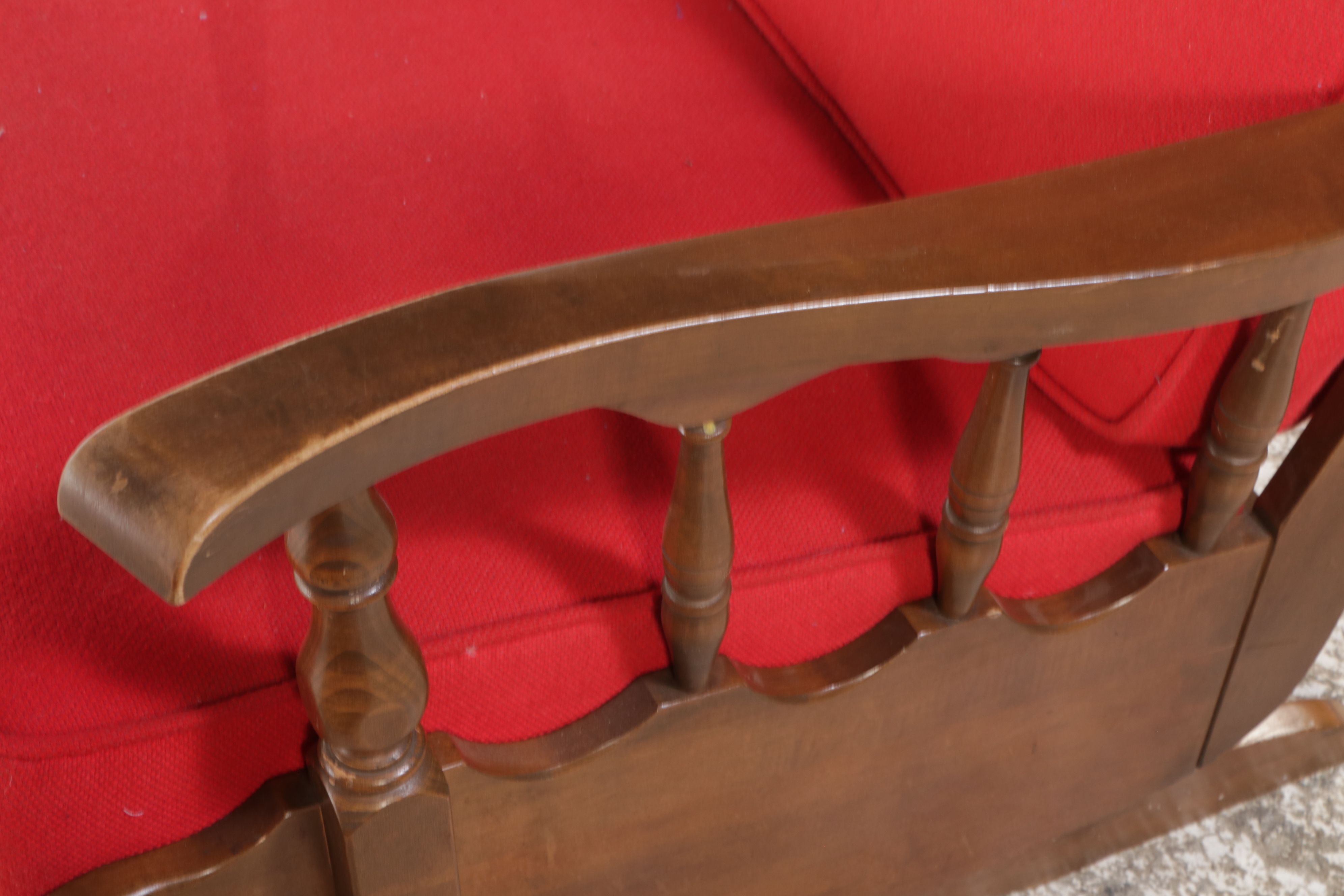 Colonial Revival Maple Sofa, Stationary Rocker, and Armchair, Late 20th Century