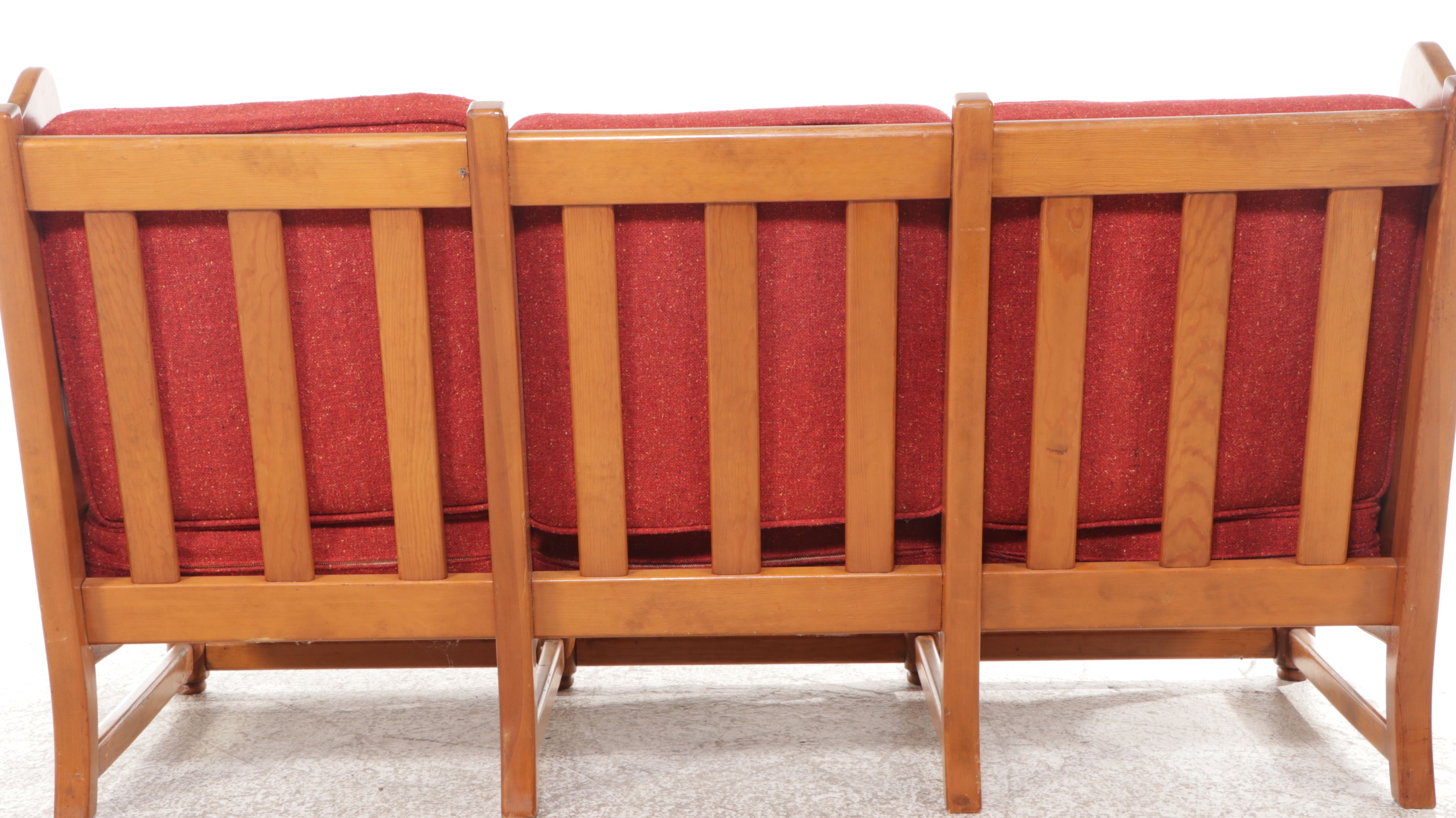 Colonial Revival Maple Sofa, Stationary Rocker, and Armchair, Late 20th Century