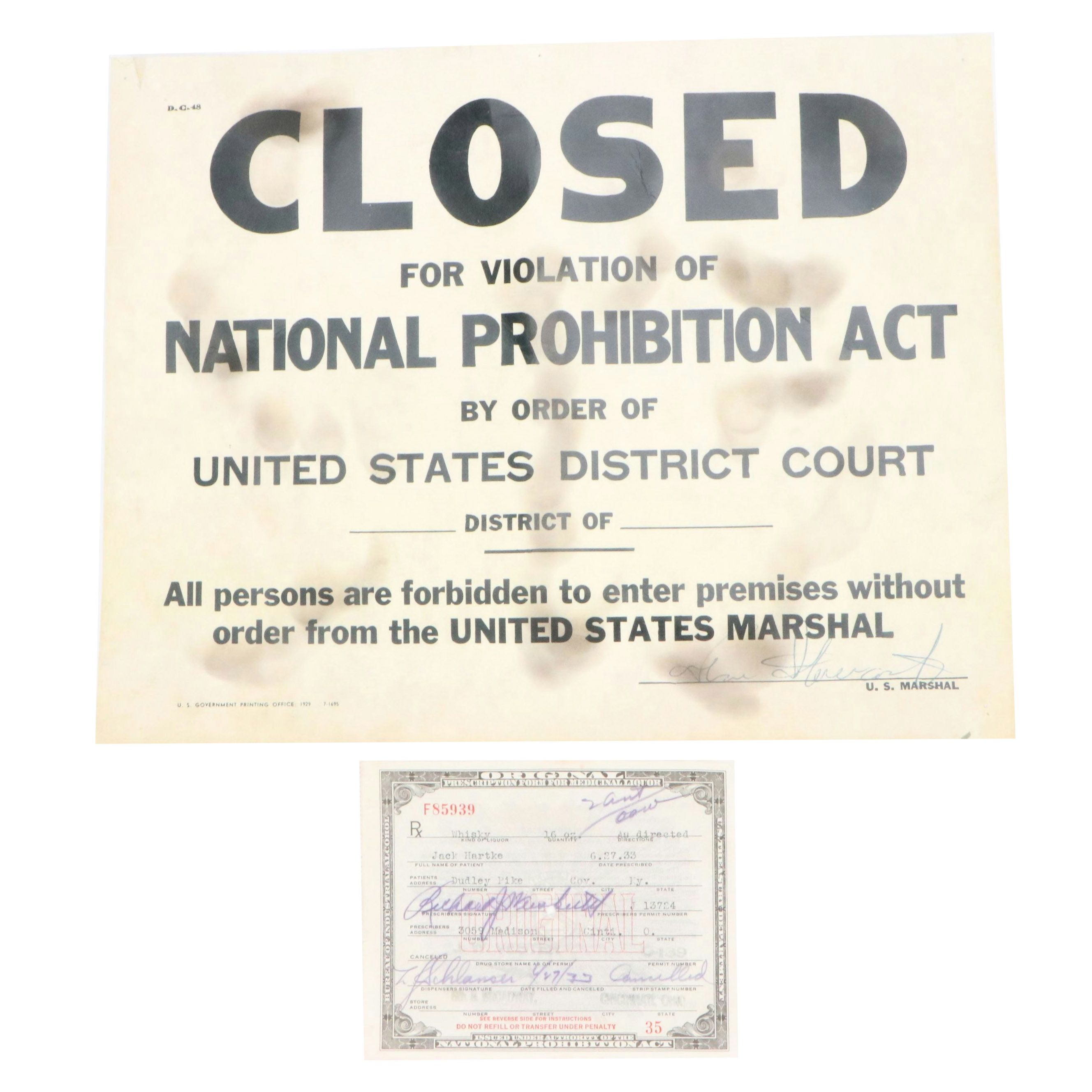 Prohibition Era Whisky Prescription Form with Reproduction Sign