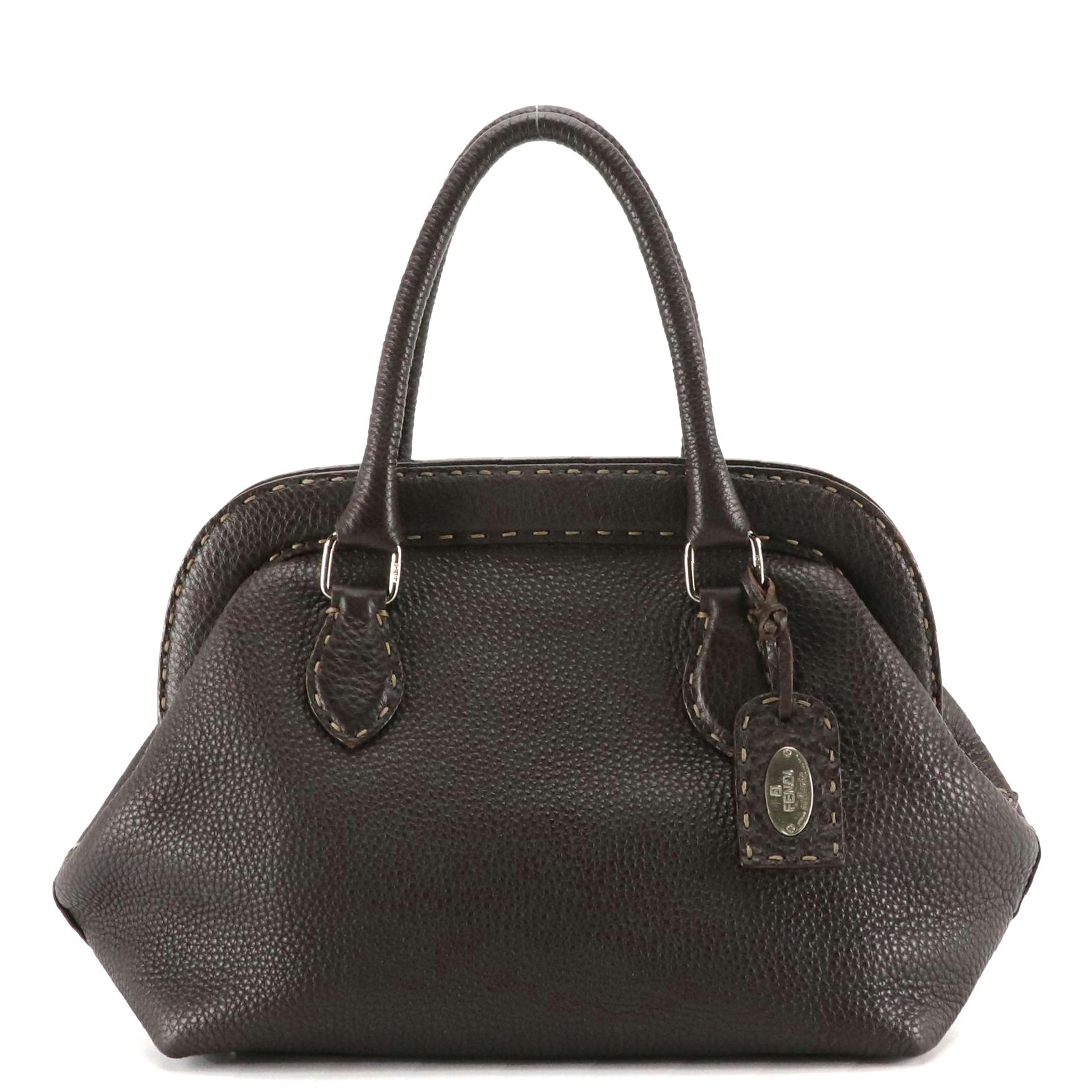 Fendi Selleria Brown Calfskin Grain Leather Handbag with Running Stitch Detail