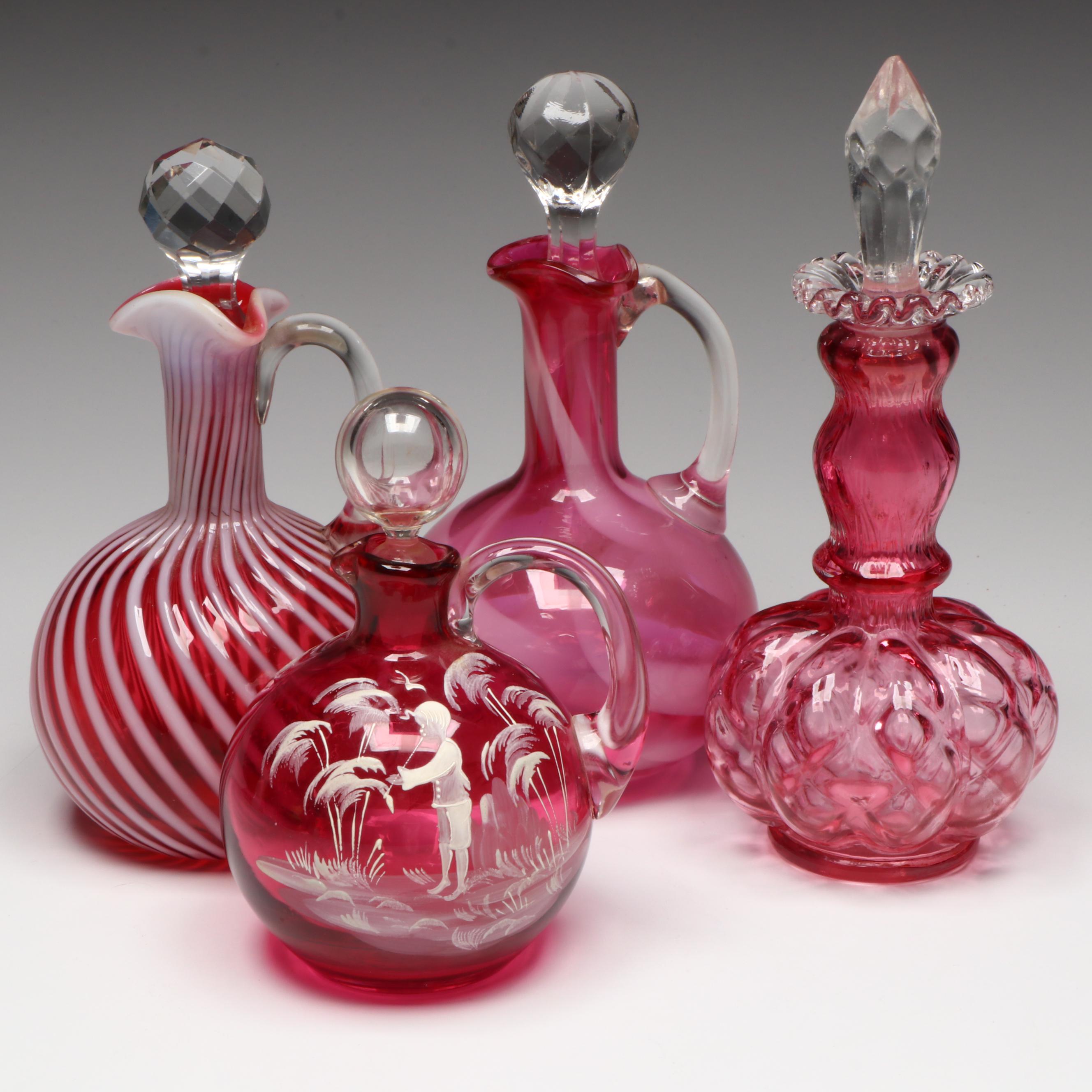 Mary Gregory Style with Other Cruets and Quilted Diamond Bottle