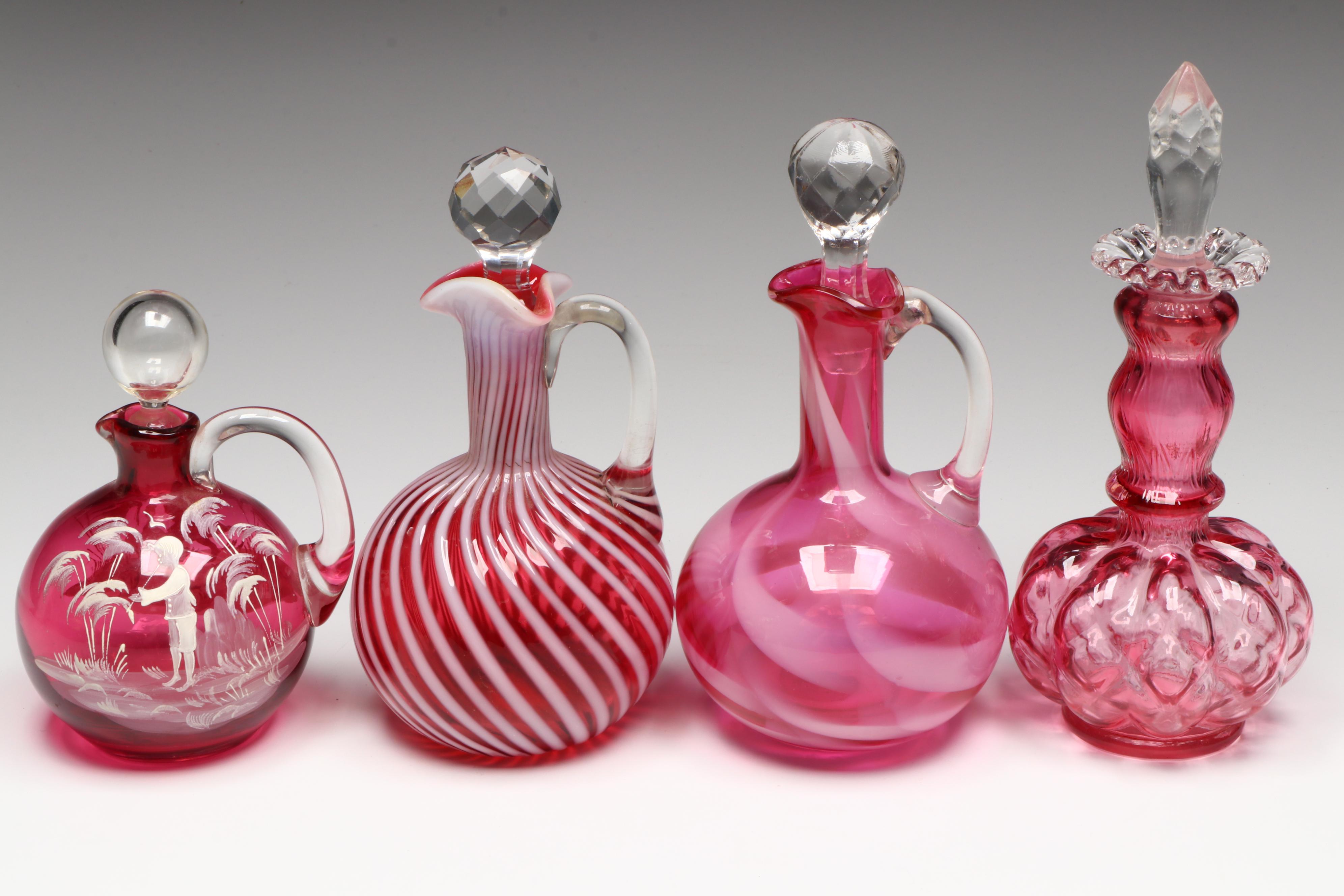 Mary Gregory Style with Other Cruets and Quilted Diamond Bottle